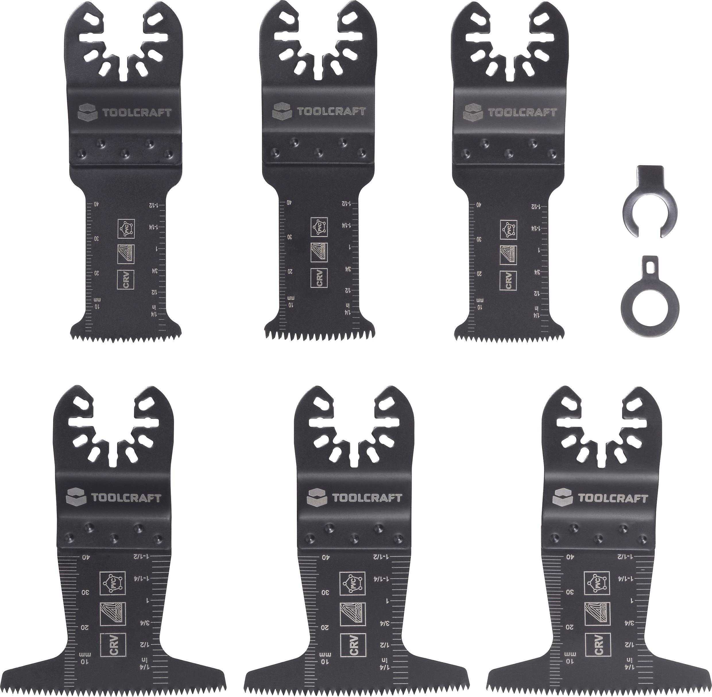Ein Satz von sechs schwarzen Multitool-Sägeblättern mit verschiedenen Zahndesigns und Größen, mit der Aufschrift „Toolcraft