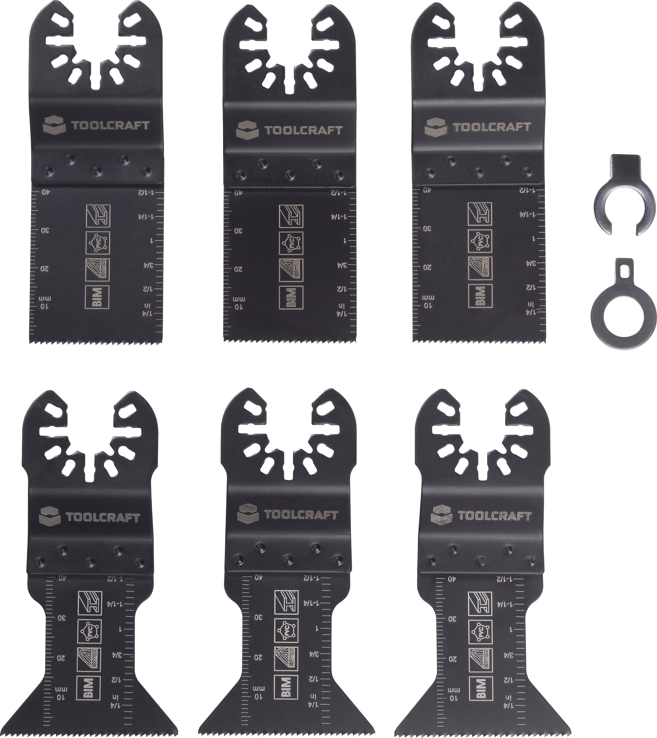 Toolcraft-Sägeblätter und Adapter, die auf einer flachen Oberfläche angeordnet sind, sechs Sägeblätter mit Messskalen, geeignet für verschiedene Schneidaufgaben.