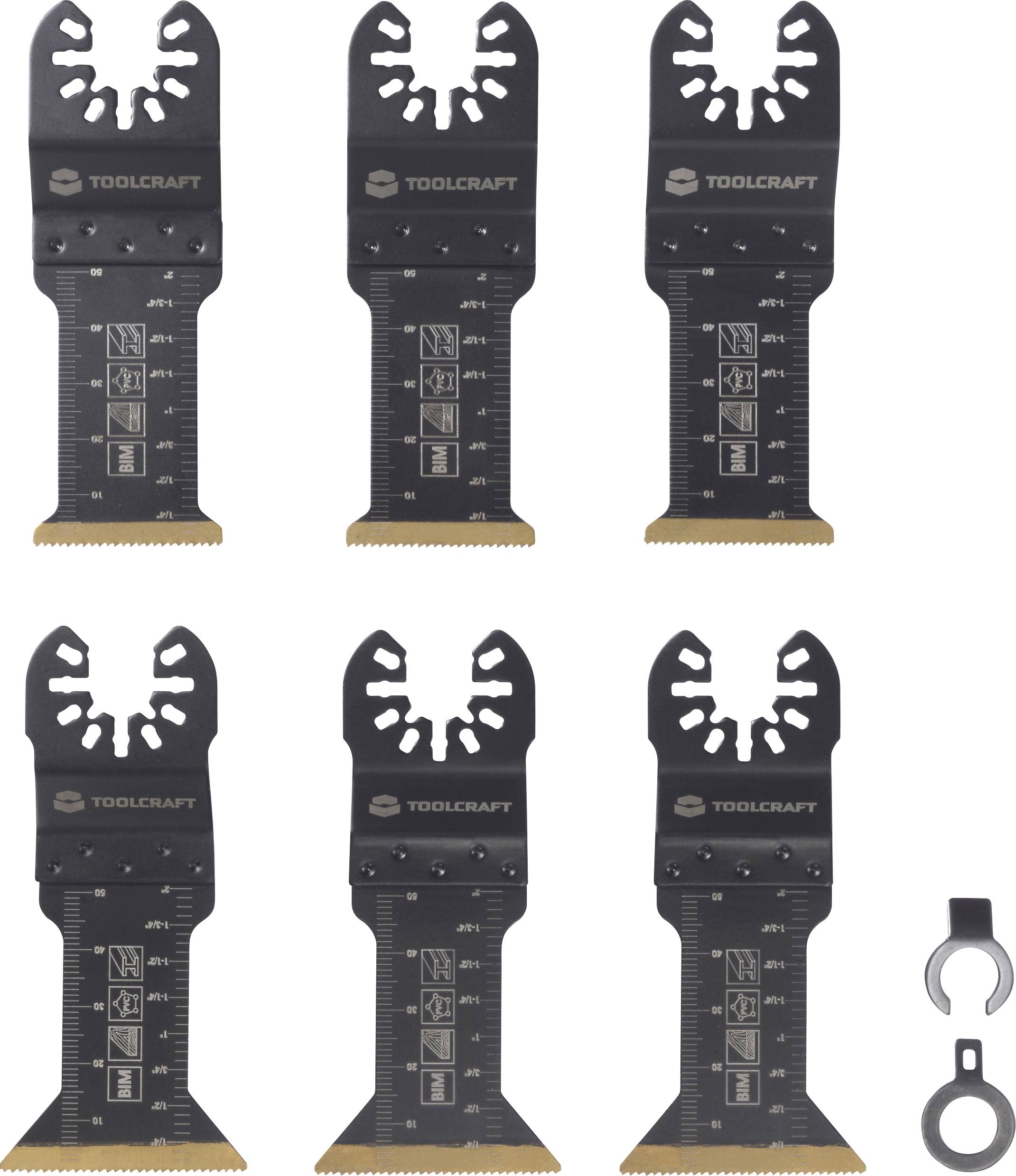 Sechs schwarze TOOLCRAFT Sägeblätter mit Maßstrichmarkierungen, in zwei Reihen zu je drei angeordnet, neben zwei kleinen passenden Befestigungsstücken.