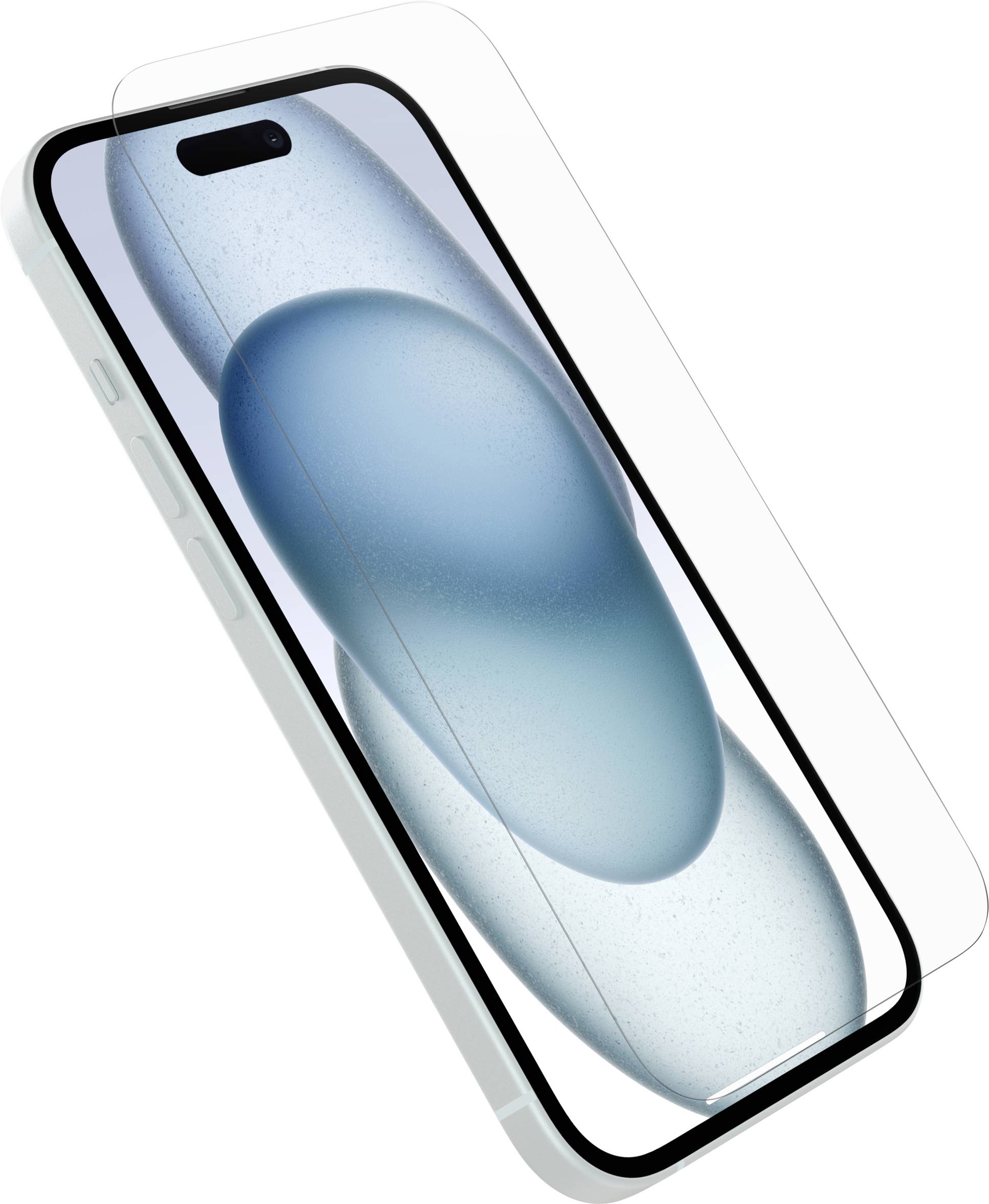 Abgewinkeltes Smartphone mit transparanter Schutzhulle-Overlay, das einen blauen abstrakten Bildschirm auf weißem Hintergrund zeigt.