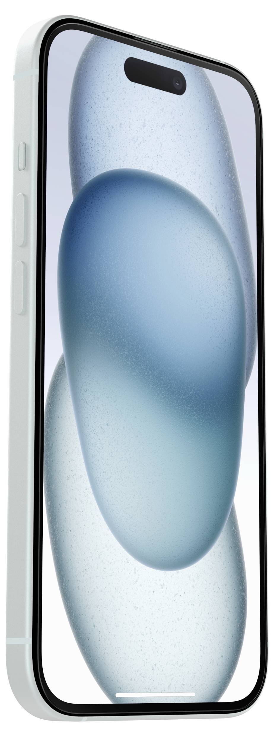 Frontansicht eines hellblauen Smartphones mit einer pillenförmigen Frontkamera-Aussparung und abstraktem blauen Hintergrundbild auf dem Bildschirm.