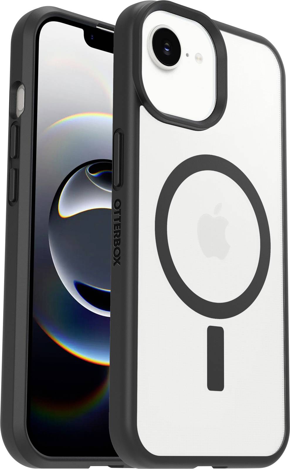 Zwei schwarze OtterBox-Handyhüllen, die auf einem iPhone gezeigt werden, eine vorne und eine hinten, die die Kameraaussparung und das MagSafe-Ringdesign hervorheben.