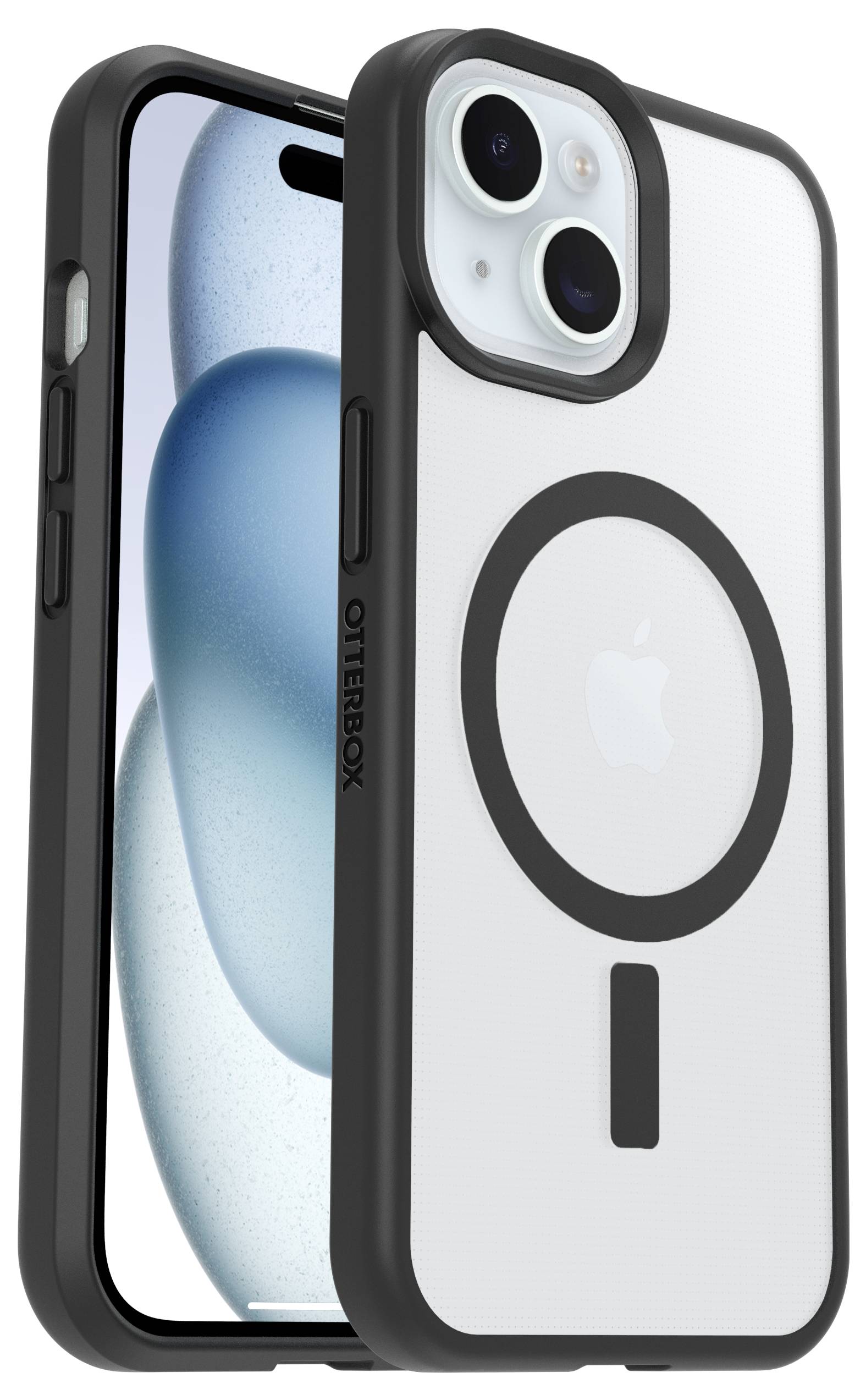 Ein Smartphone mit schwarzem Schutzgehäuse zeigt das Rückseiten-Design und die Kameralinsen.