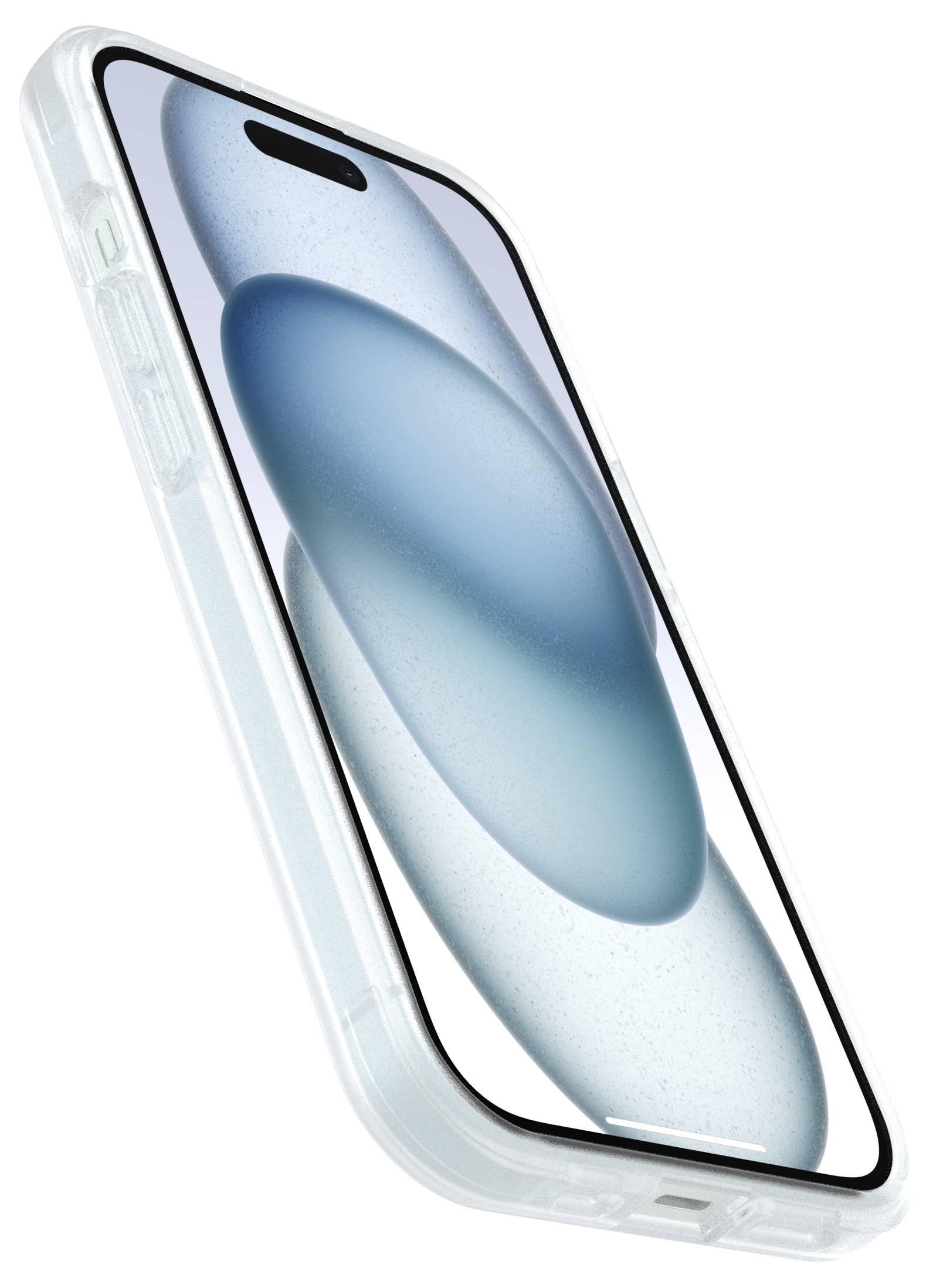 Smartphone mit blauem abstraktem Hintergrund auf dem Display, abgebildet in einem transparenten Gehäuse, diagonal angeordnet.