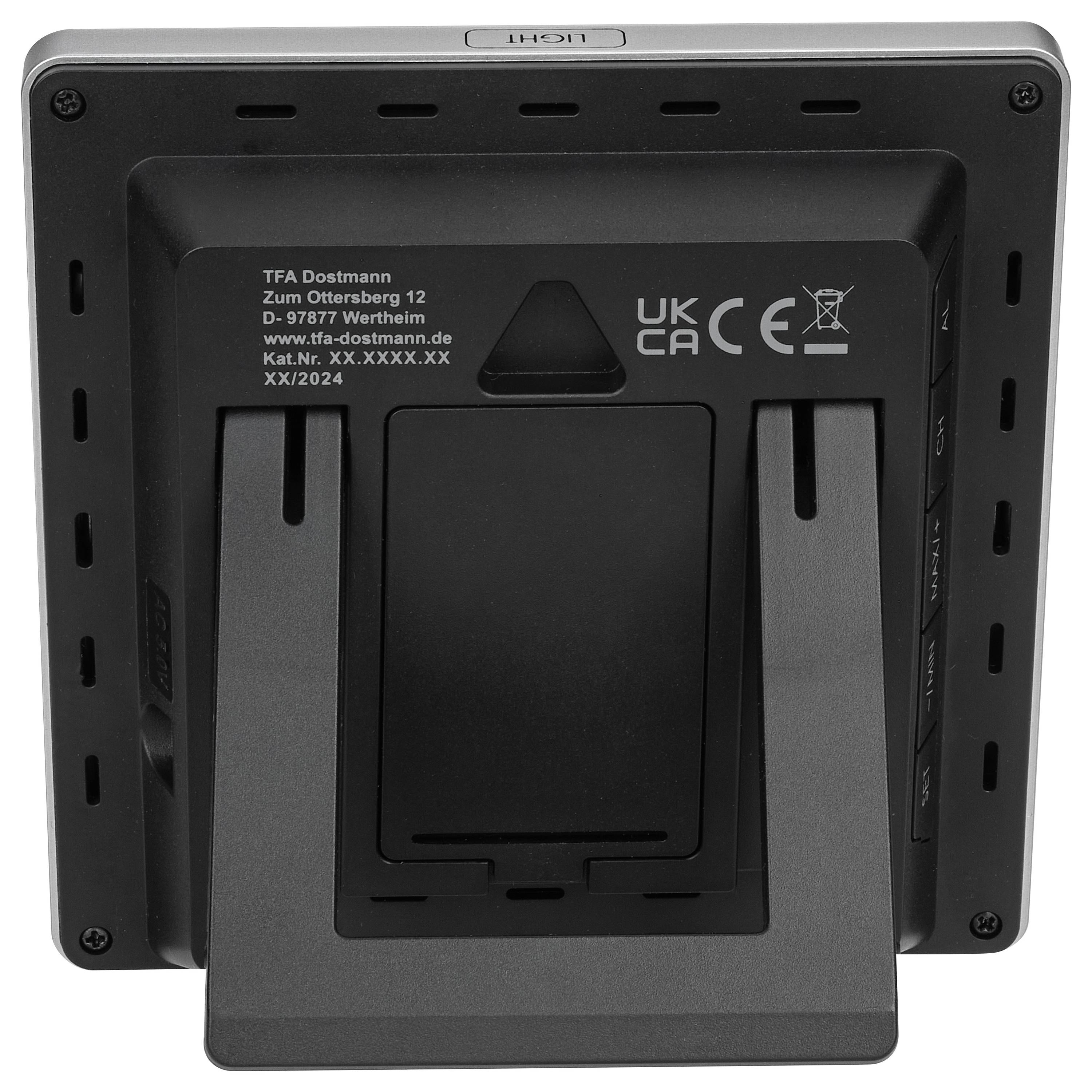 Rückseite eines elektronischen Geräts mit Aufsteller und Herstellerinformationen.