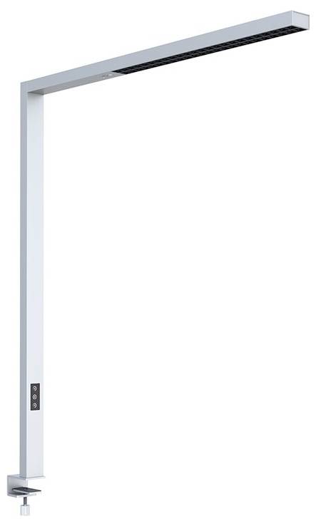 Moderne, schlanke Tischlampe mit rechteckigem Leuchtenkopf, verstellbarem Arm und Steuerungsfeld am Standfuß. Ideal für Arbeitsplätze.