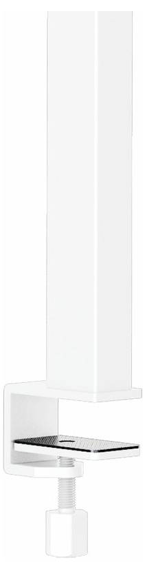 Eine weiße Tischklemme mit Schraubmechanismus, geeignet zur Befestigung eines Bildschirms oder einer Leuchte an einer Tischkante.