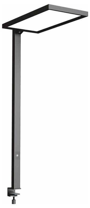 Schwarze, moderne Schreibtischlampe mit quadratischem Leuchtrahmen, die mit einer Klemme an der Tischkante befestigt wird.