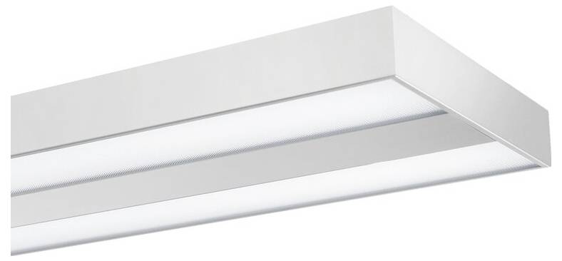 Eine rechteckige, weiße Deckenleuchte mit klaren Linien, die modernes Design betont. Sie leuchtet hell und gleichmäßig.