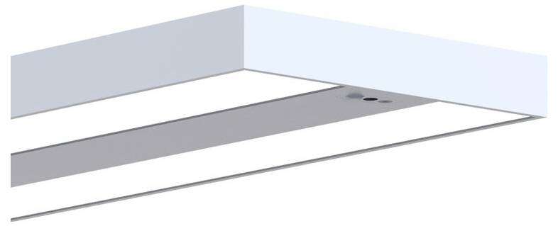 Rechteckige, graue Deckenlampe mit schlichten Linien und minimalistischen Design. Sie ist an der Decke befestigt und leuchtet von unten.