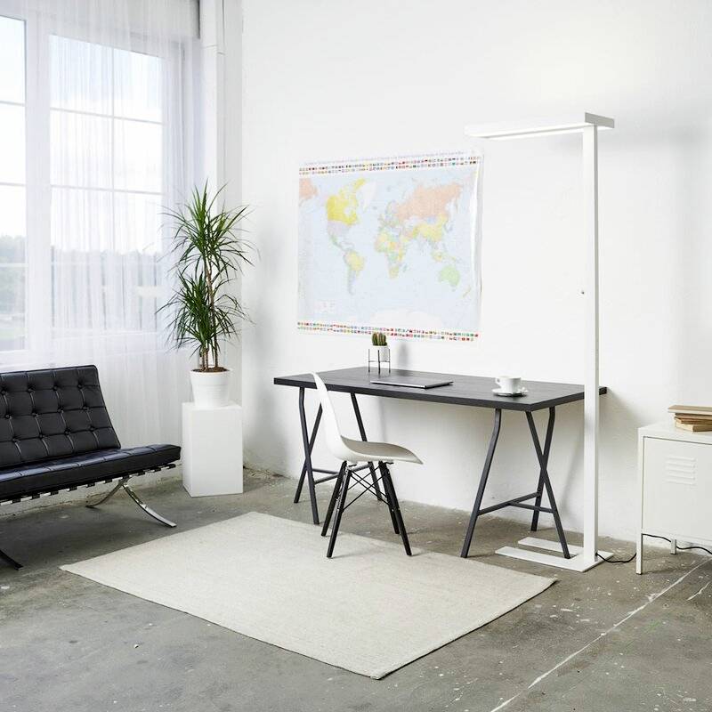 Helles Büro mit Glastür, schwarzem Schreibtisch, Stuhl, Weltkarte an der Wand und Pflanze; moderner, minimalistischer Stil.