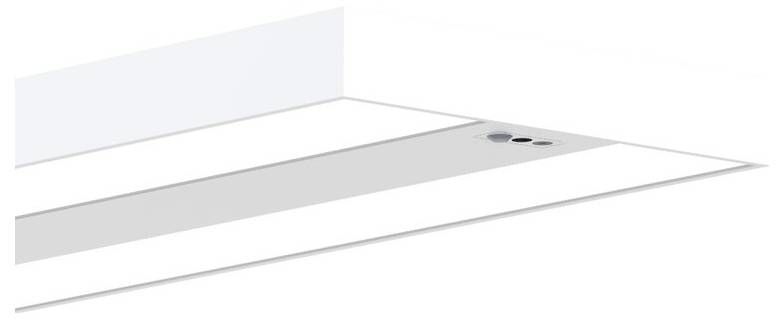 Decke mit integrierten, rechteckigen LED-Leuchten; modernes, minimalistisches Design; helle Beleuchtung in einem Raum.