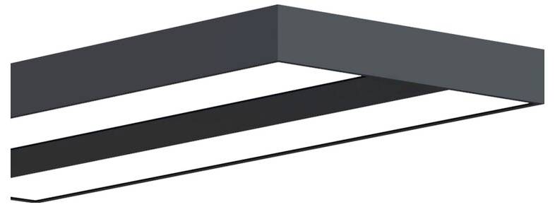 Rechteckige schwarze Deckenleuchte mit modernem Design und glatter Oberfläche, geeignet für Büros und moderne Wohnräume.