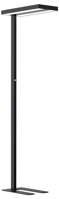 Schwarze Stehleuchte mit rechteckigem Lampenschirm und schmalem, geradlinigem Standfuß. Minimalistisches Design, geeignet für moderne Innenräume.