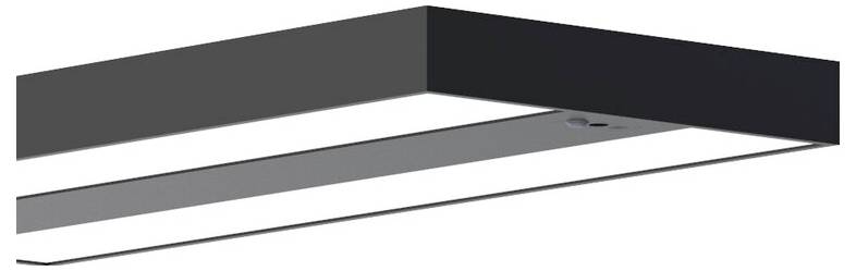 Schwarze, rechteckige LED-Deckenleuchte mit weißen Leuchtflächen für moderne Raumbeleuchtung.