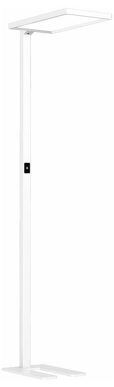 Weiße Stehlampe mit rechteckigem Lampenschirm und schlankem, geraden Ständer. Der Schalter befindet sich am oberen Teil des Ständers.