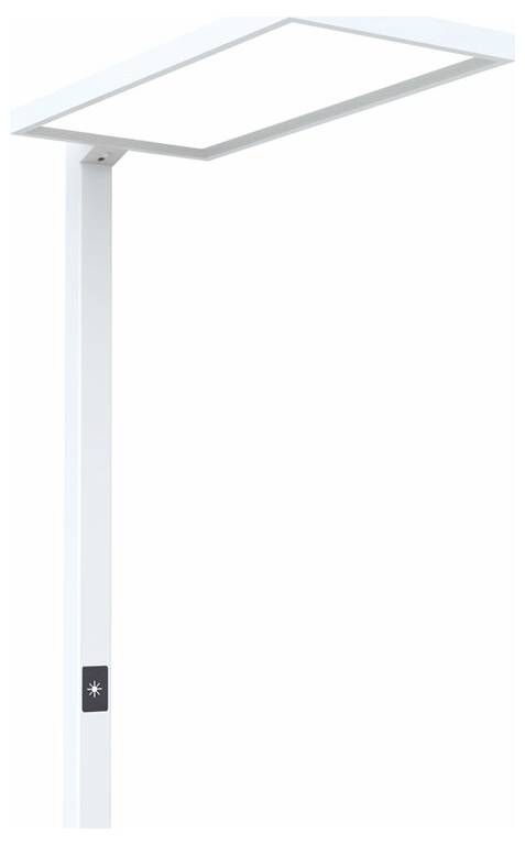 Weiße, moderne Stehlampe mit quadratischem Leuchtfeld und schlankem Standfuß; energieeffizient und minimalistisches Design.