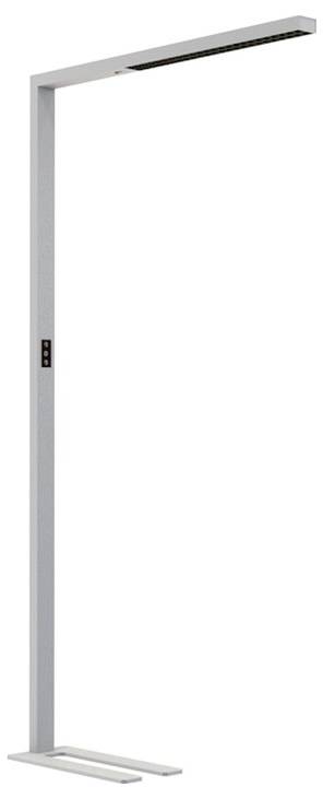 Stehleuchte in modernem Design mit schlankem, rechteckigem Rahmen und LED-Leiste oben. Ideal für Büros oder Wohnbereiche.