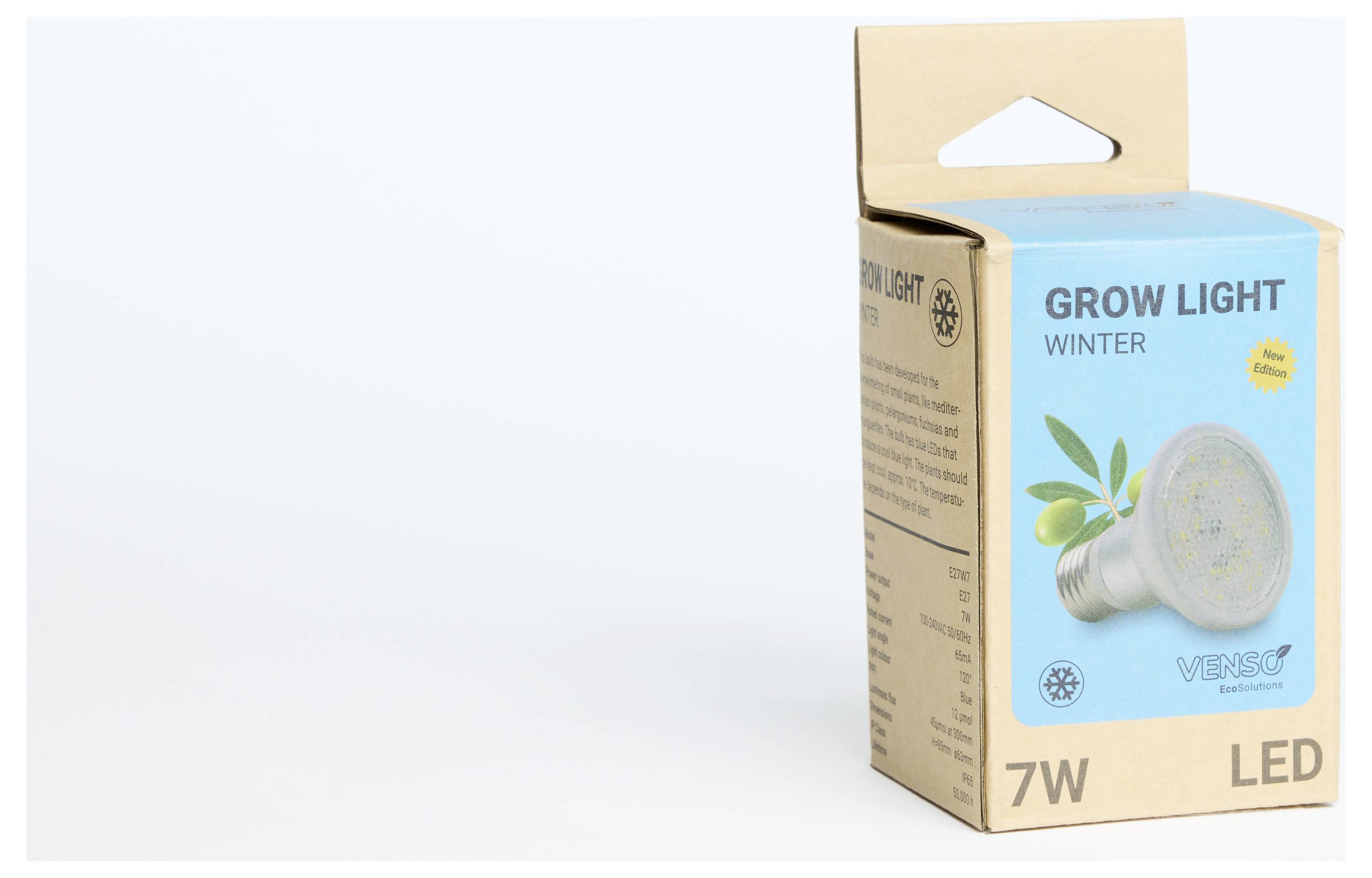 LED-Pflanzenlampe Verpackung, Marke Venso, 7 Watt, beschriftet mit 'Grow Light Winter'. Verpackung zeigt Bild von Glühbirne und Pflanze.