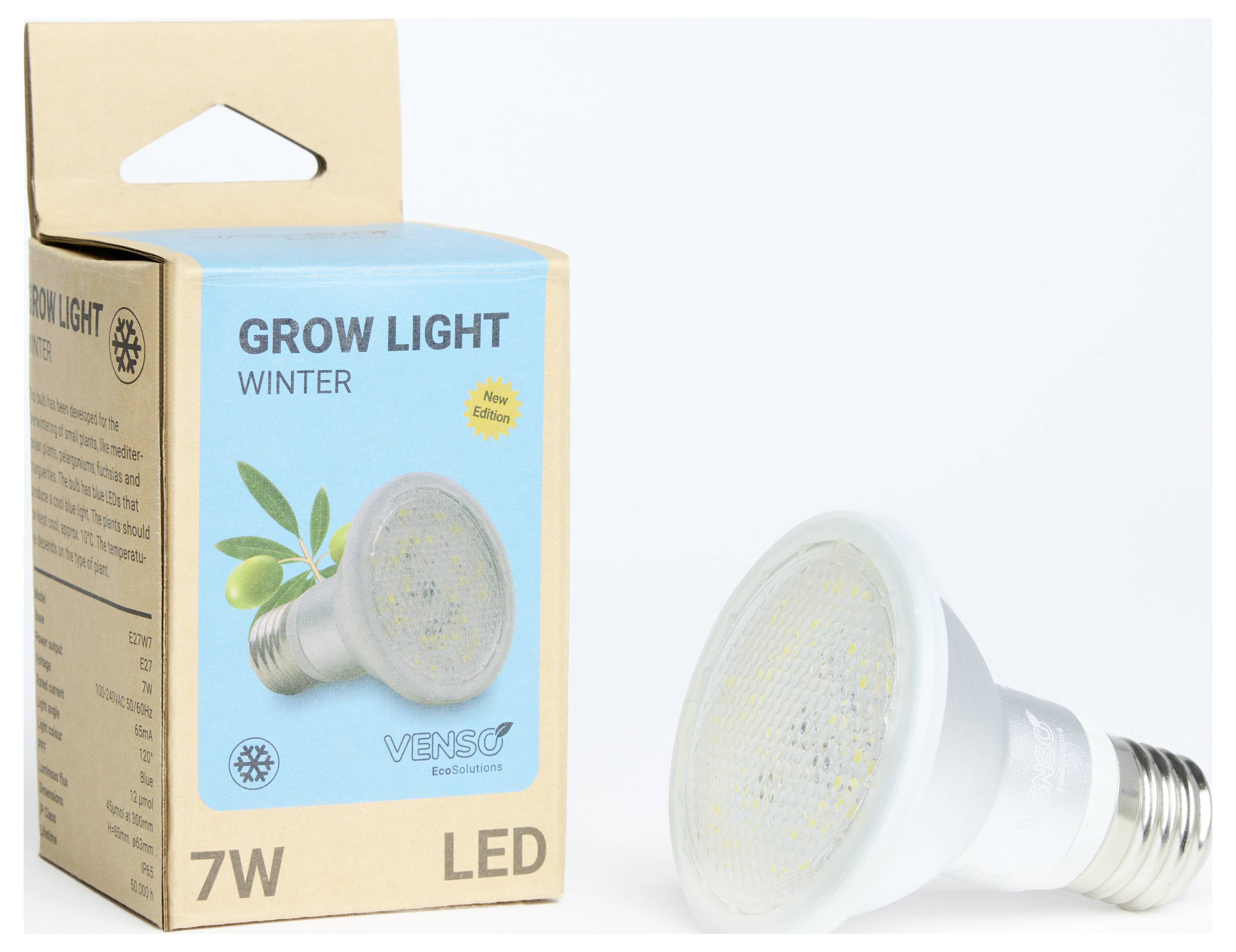 Eine LED-Wachstumsleuchte und ihre Verpackung, die als 'Grow Light Winter' bezeichnet wird, mit 7W Leistung, ideal für Pflanzen.