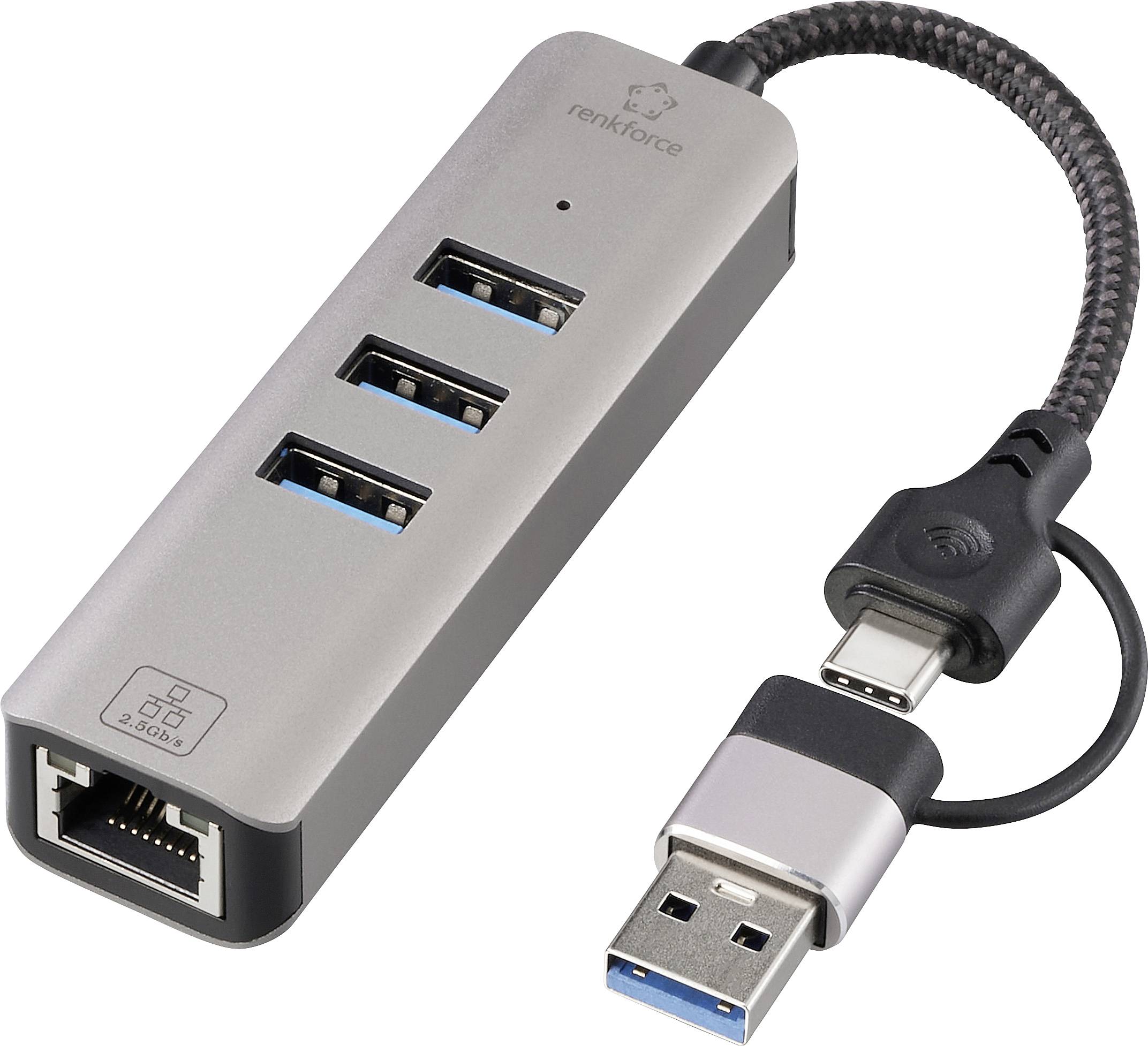 USB-Hub mit drei USB-Anschlüssen, einem Ethernet-Port und einem geflochtenen Kabel mit USB-C- und USB-A-Steckern.