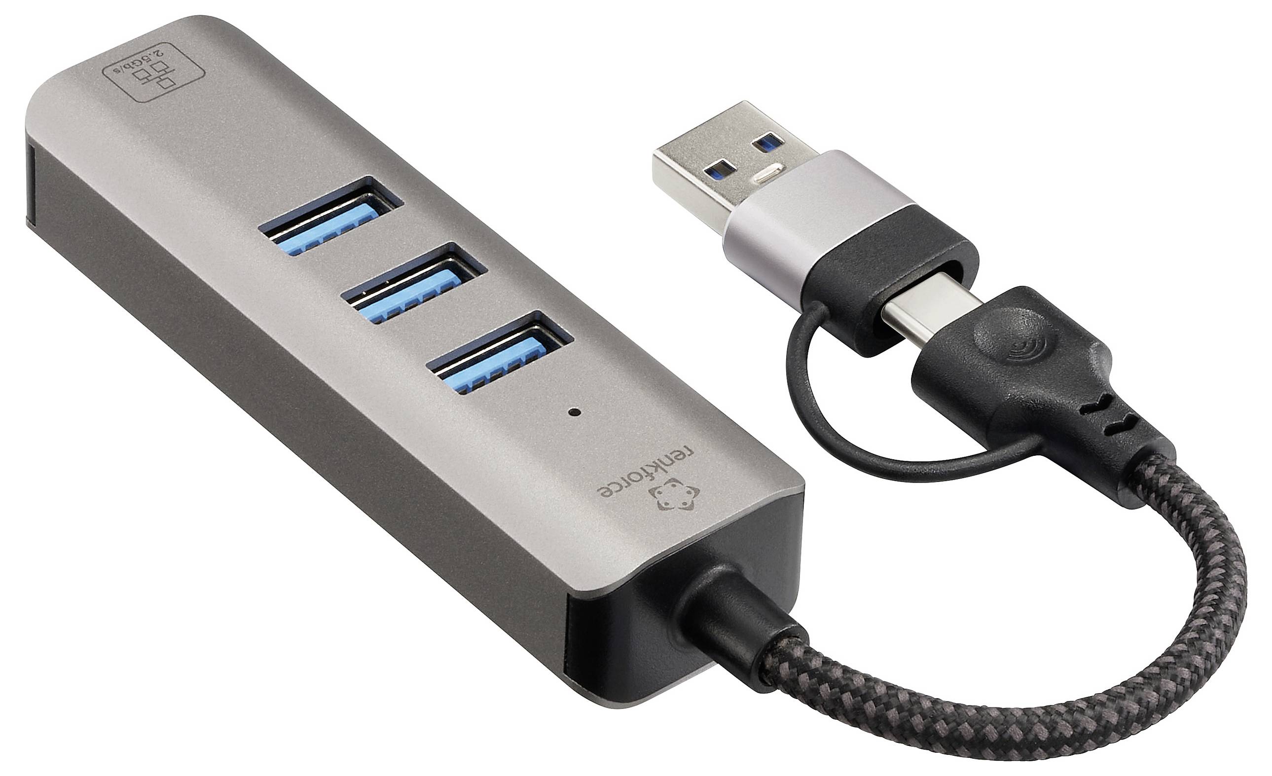 Ein Metall-USB-Hub mit drei USB-3.0-Anschlüssen ist mit einem geflochtenen Kabel verbunden, das in einen USB-Stecker mündet.