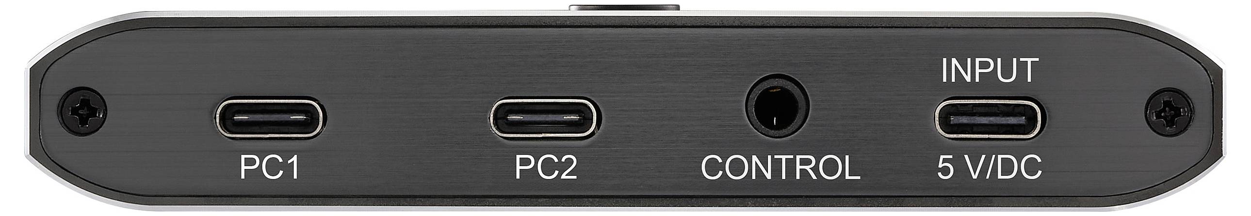 Rückansicht eines elektronischen Geräts mit beschrifteten Anschlüssen: 'PC1', 'PC2', 'CONTROL' und '5V/DC EINGANG', die Konnektivitätsoptionen anzeigen.