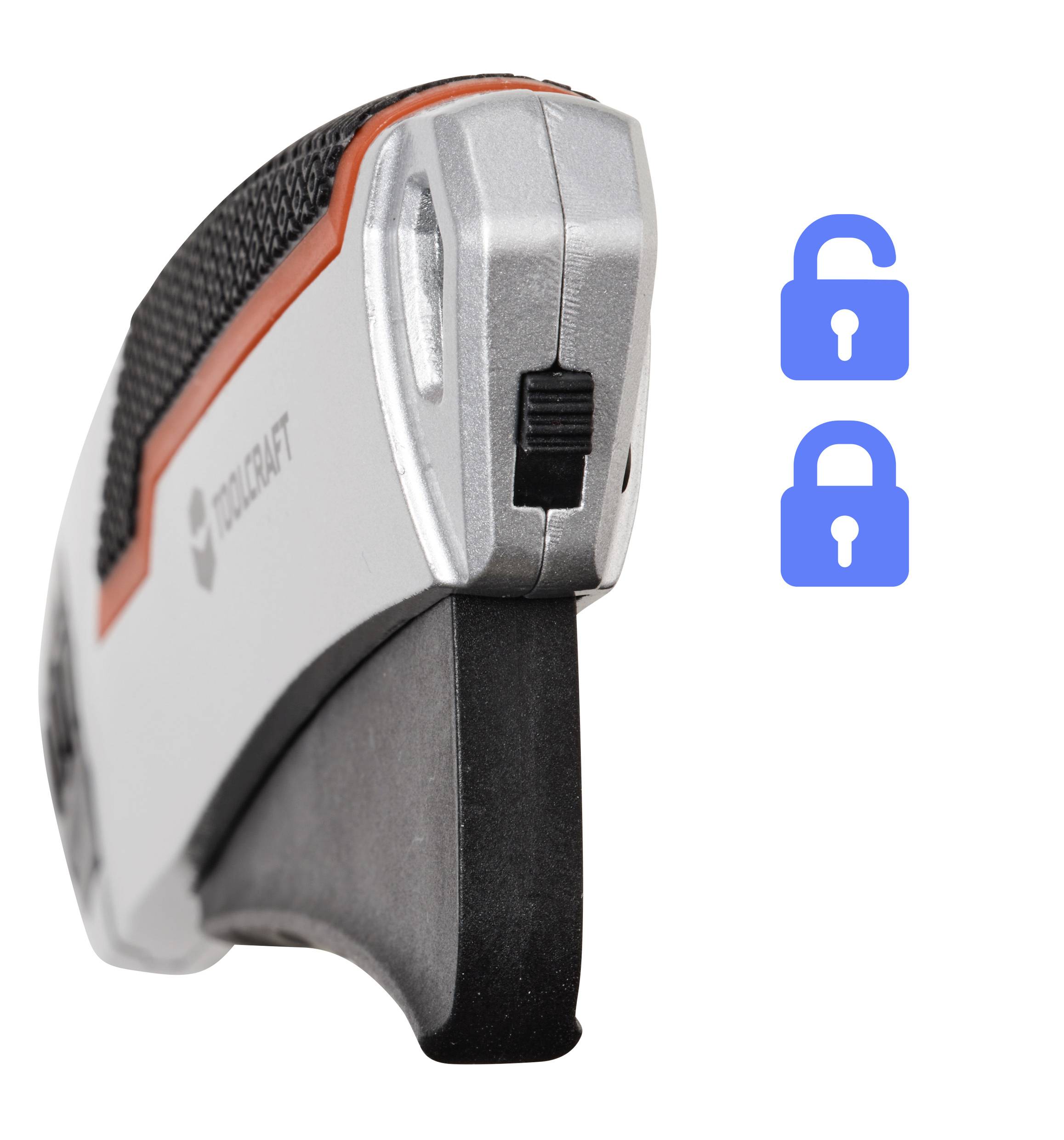 Ein Utility-Messer mit einer seitlichen Sicherheitssperre, das auf der rechten Seite abgeschlossene und unabgeschlossene Vorhängeschloss-Symbole in Blau zeigt, welche den Sperrstatus anzeigen.