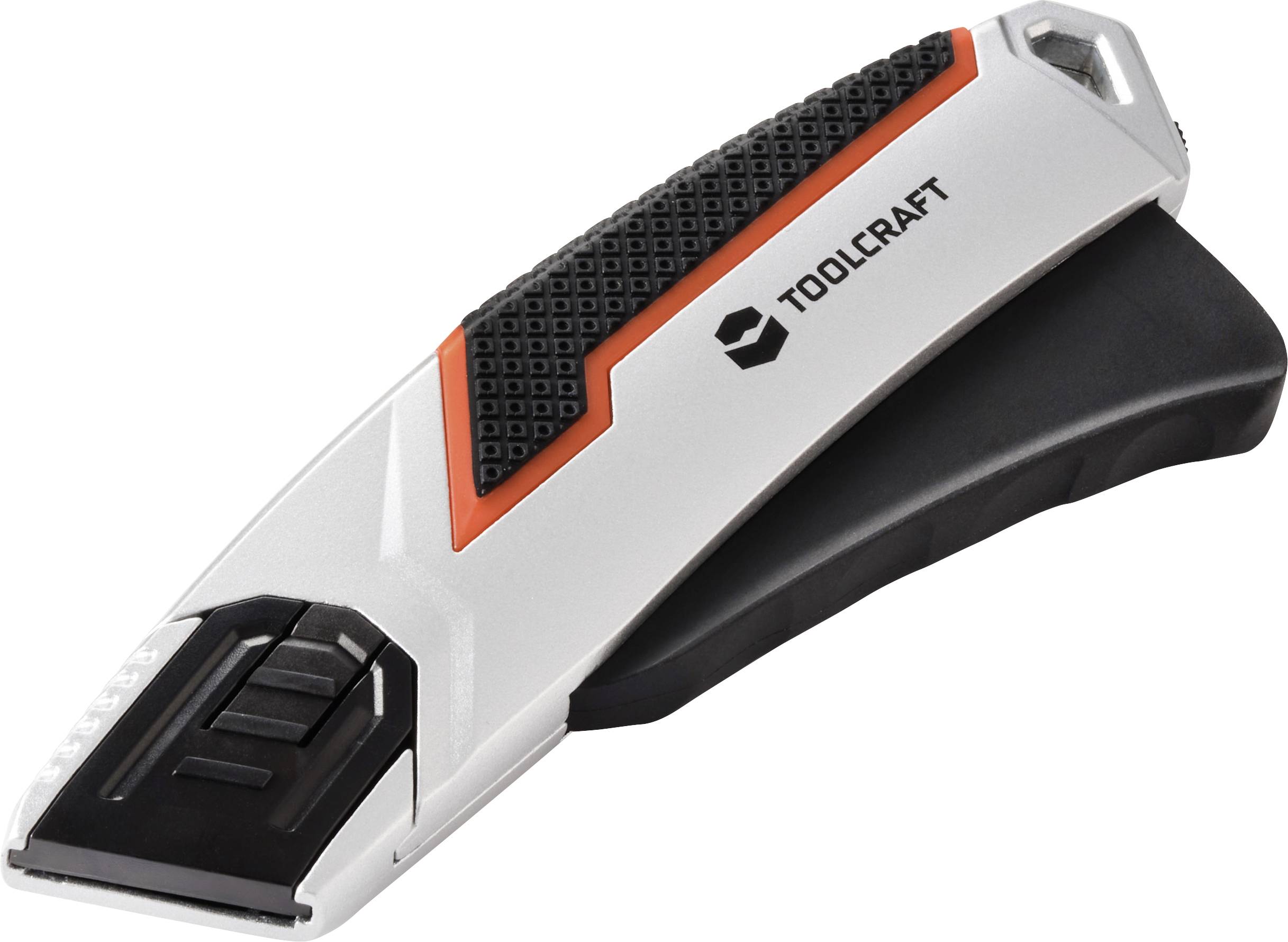 Ein Universalmesser mit einziehbarer Klinge, ergonomischem Griff und einem schwarz-rot-silbernen Farbdesign.