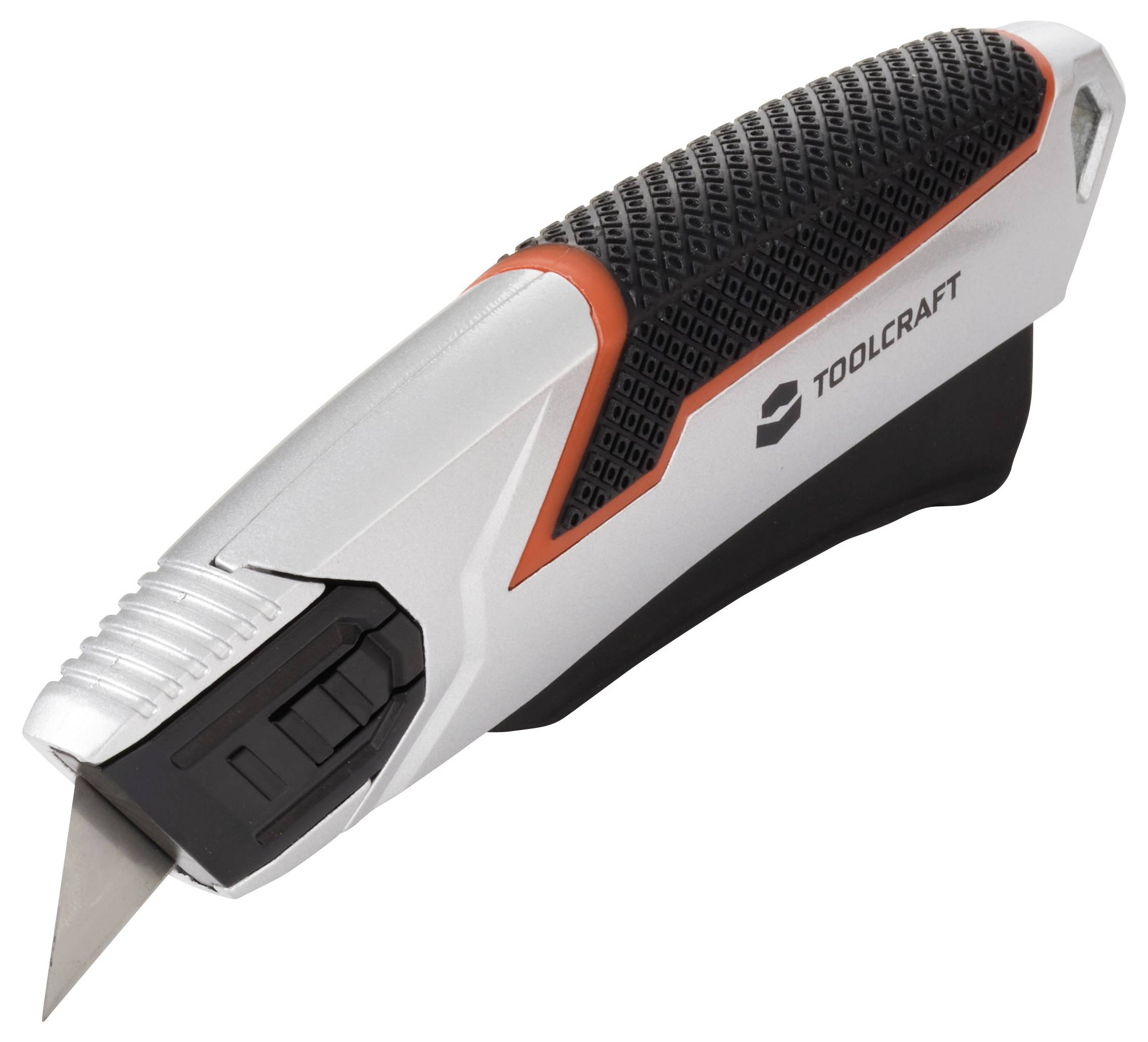 Ein silbernes Utility-Messer mit strukturiertem schwarzem Griff und orangefarbenen Akzenten, ausgestattet mit einer einziehbaren Klinge und dem sichtbaren Markennamen 'Toolcraft'.