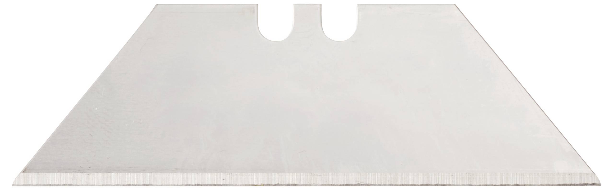 Eine silberne, trapezförmige Universalmesserklinge mit zwei zentralen Einschnitten und einer scharfen Kante, die zum Schneiden oder Schnitzen von Materialien verwendet wird.