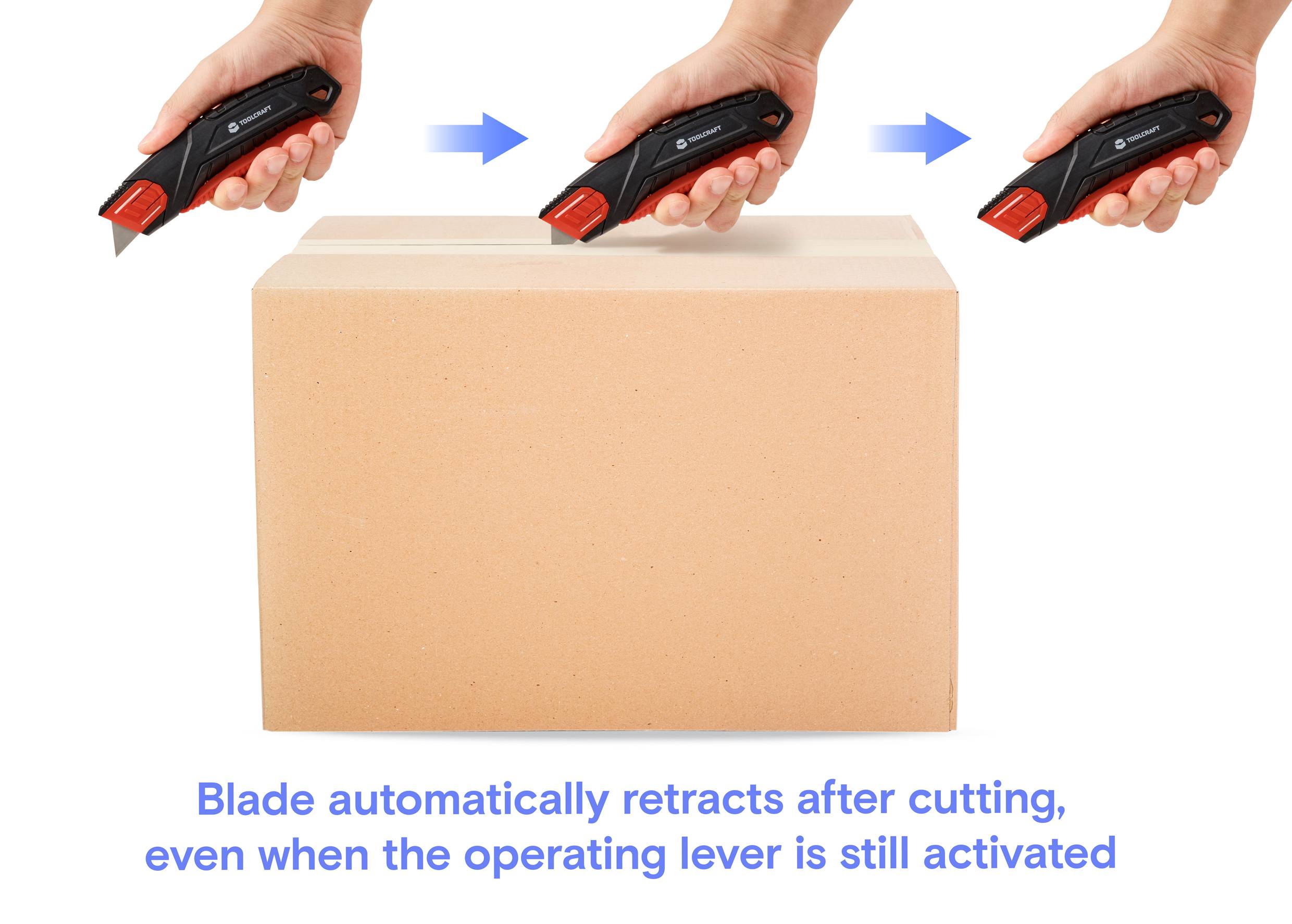 Eine Hand schneidet eine Schachtel mit einem Sicherheitsmesser. Text lautet: 