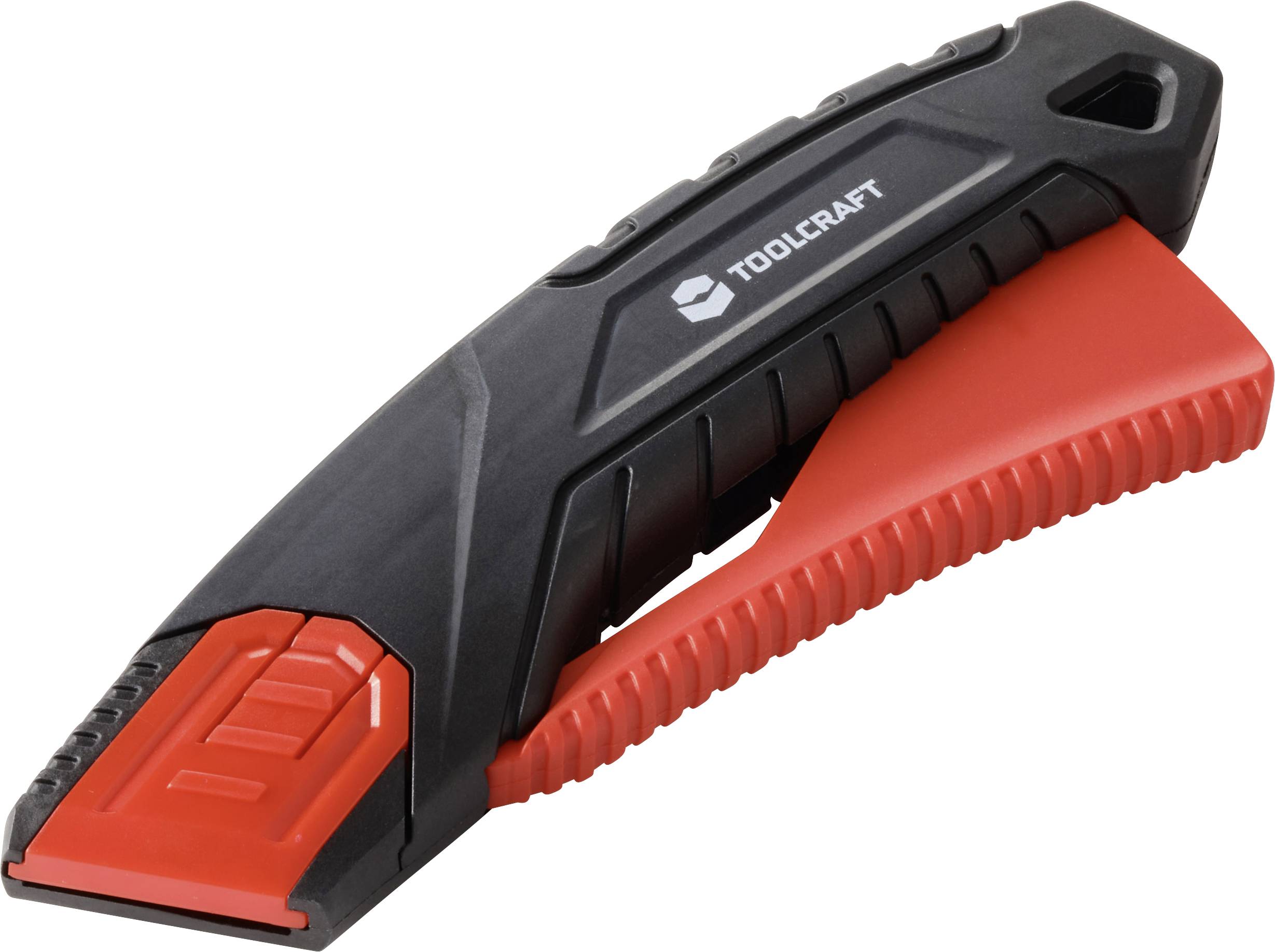 Ein schwarzes und rotes Universalmesser mit TOOLCRAFT-Logo, ausgestattet mit einer einziehbaren Klinge und einem ergonomischen Griff für sicheres und präzises Schneiden.