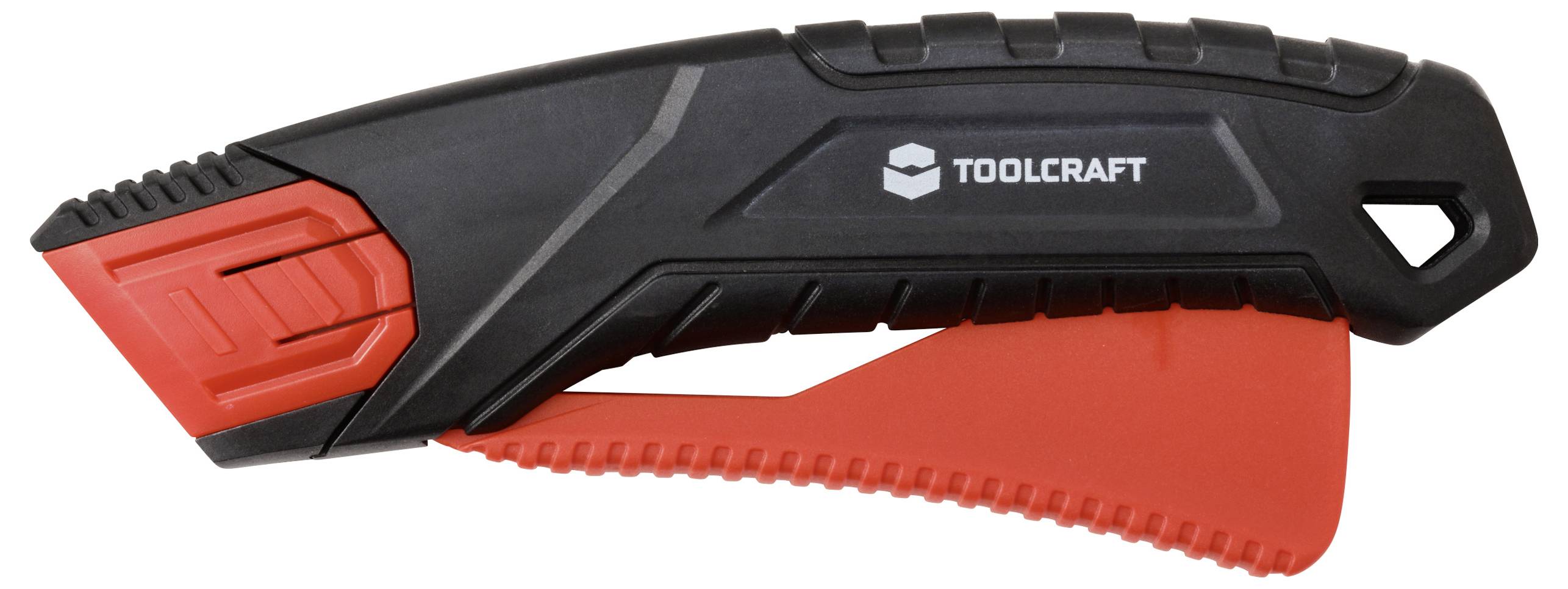 Ein rot-schwarzes Universalmesser mit einziehbarer Klinge und ergonomischem Griff, mit dem Markennamen 'Toolcraft' auf dem Griff.