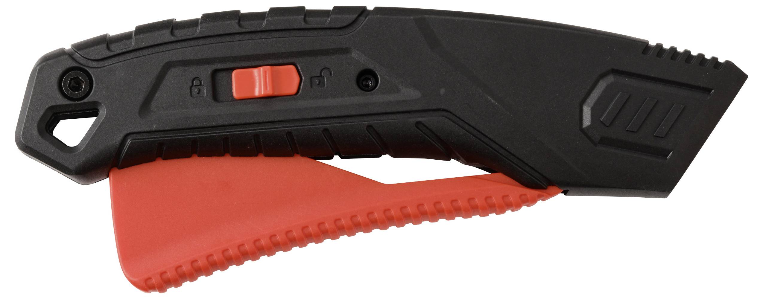 Ein schwarzes und rotes Sicherheits-Utility-Messer mit einziehbarer Klinge und Verriegelungsschalter. Das Messer verfügt über ein ergonomisches Griffdesign.