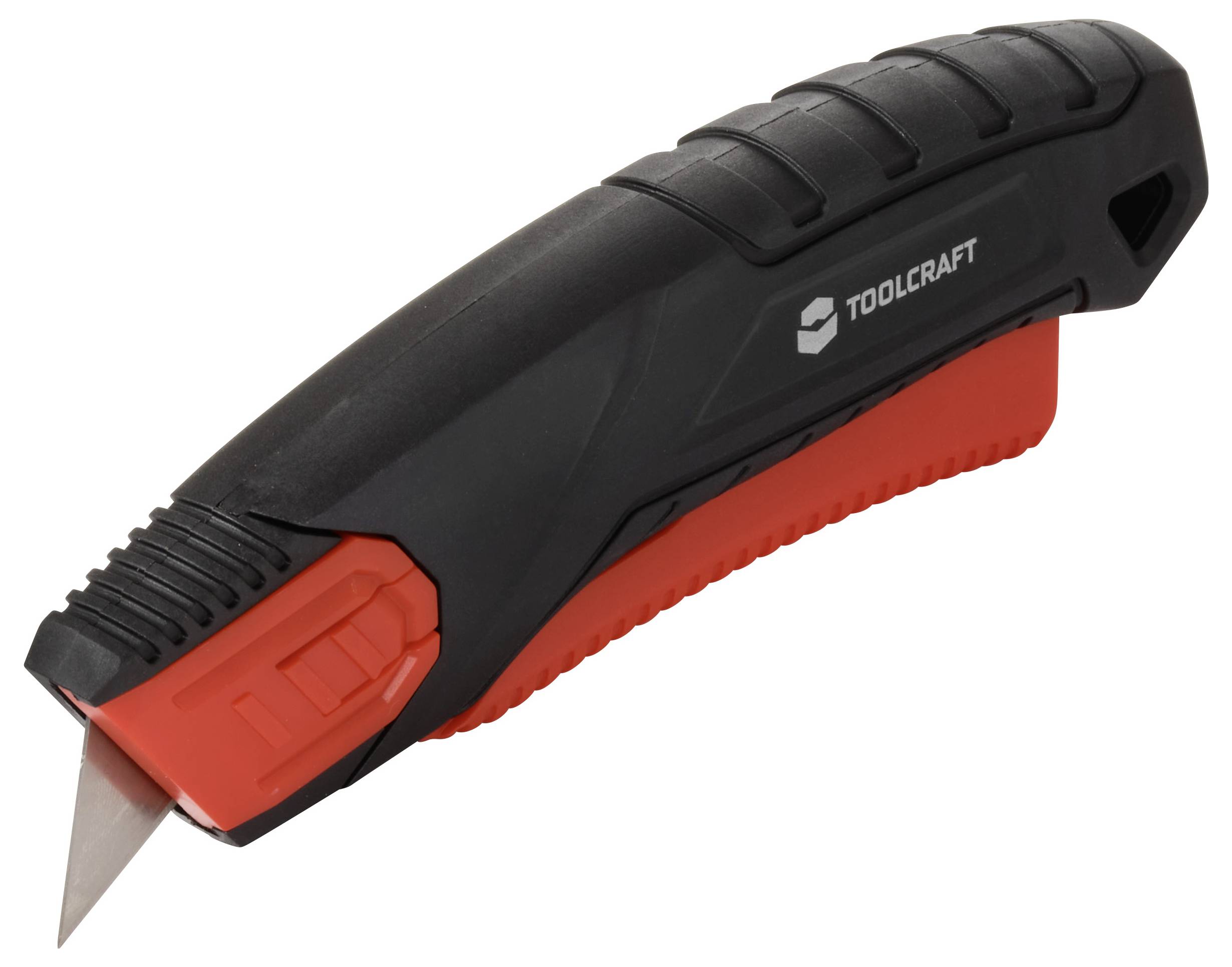 Ein schwarzes und rotes Utility-Messer mit einziehbarer Klinge, mit der Aufschrift „Toolcraft