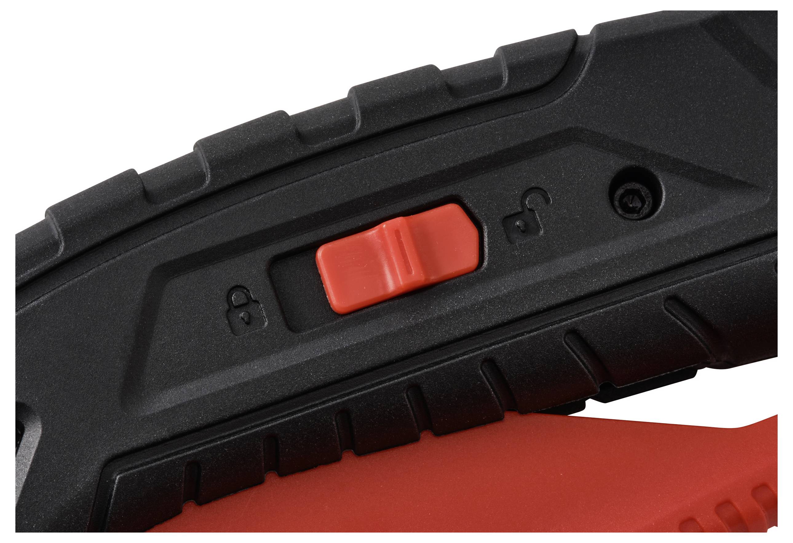 Nahaufnahme eines Sicherheitsschalters eines Elektrowerkzeugs in der Sperrposition, mit Schloss-Symbolen, die die gesperrte und entsperrte Zustände anzeigen.