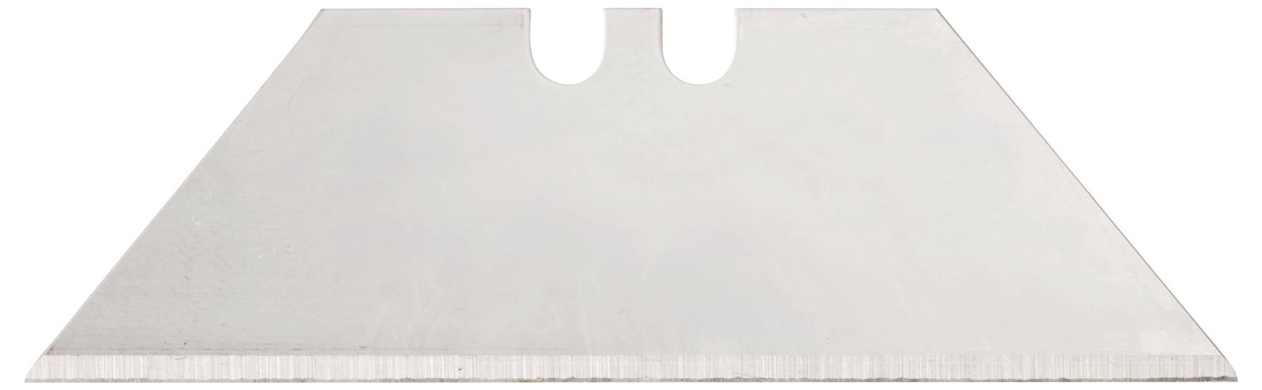 Eine Nahaufnahme einer silbernen Universalmesserklinge mit einer scharfen Kante vor einem einfarbigen Hintergrund, die ihre Form und Kerben zeigt.