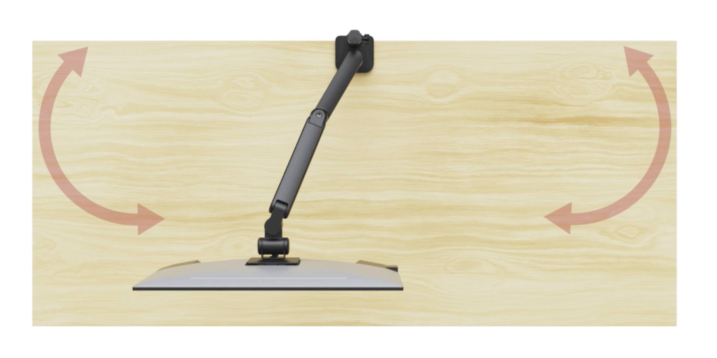 Ein Monitorarm, der auf einer Holzoberfläche montiert ist und mit gebogenen roten Pfeilen die verstellbare Bewegung nach links und rechts veranschaulicht.