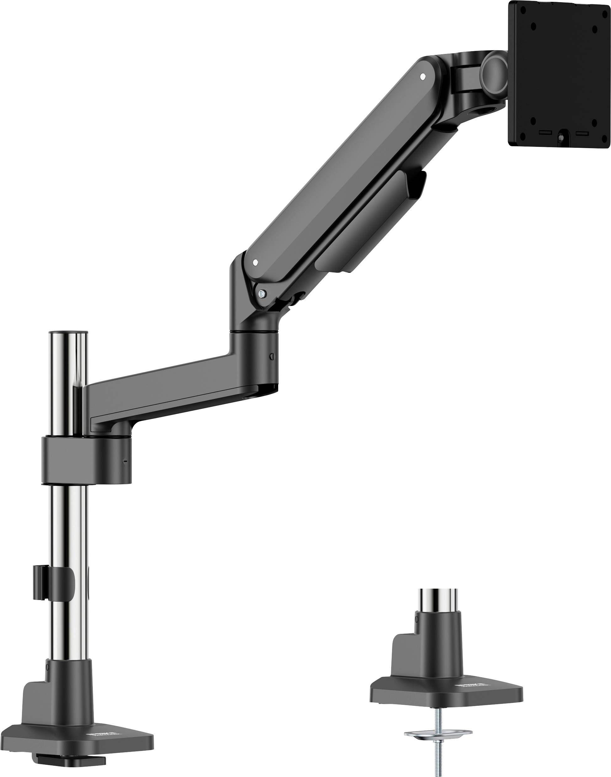 Höhenverstellbarer Monitorarm in Schwarz, montiert an einer vertikalen Stange mit Klemmhalterung. Geeignet für ergonomische Arbeitsplatzeinrichtungen und flexible Positionierung.