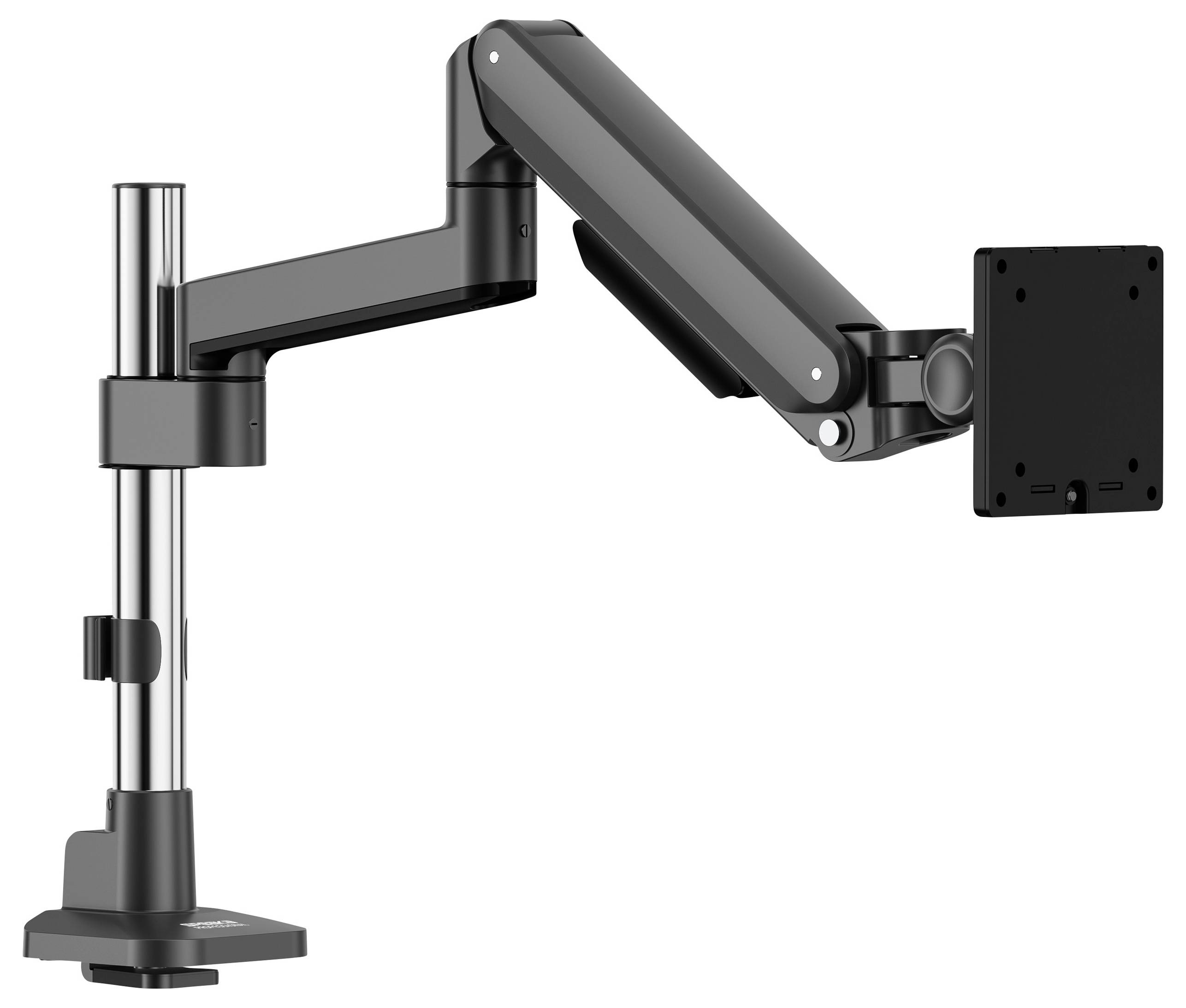 Ein verstellbarer Monitorarm mit Klemmhalterung, entwickelt zum Halten und Positionieren eines Computerbildschirms, wird in einer Seitenansicht dargestellt.