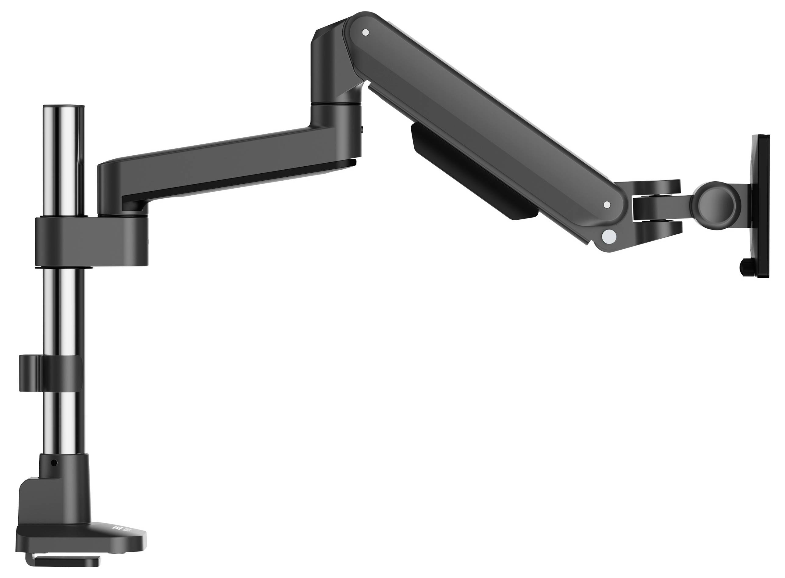 Ein verstellbarer schwarzer Monitorarm mit mehreren Gelenken, an einer Stange montiert, der für eine ergonomische Positionierung von Computerbildschirmen entwickelt wurde.