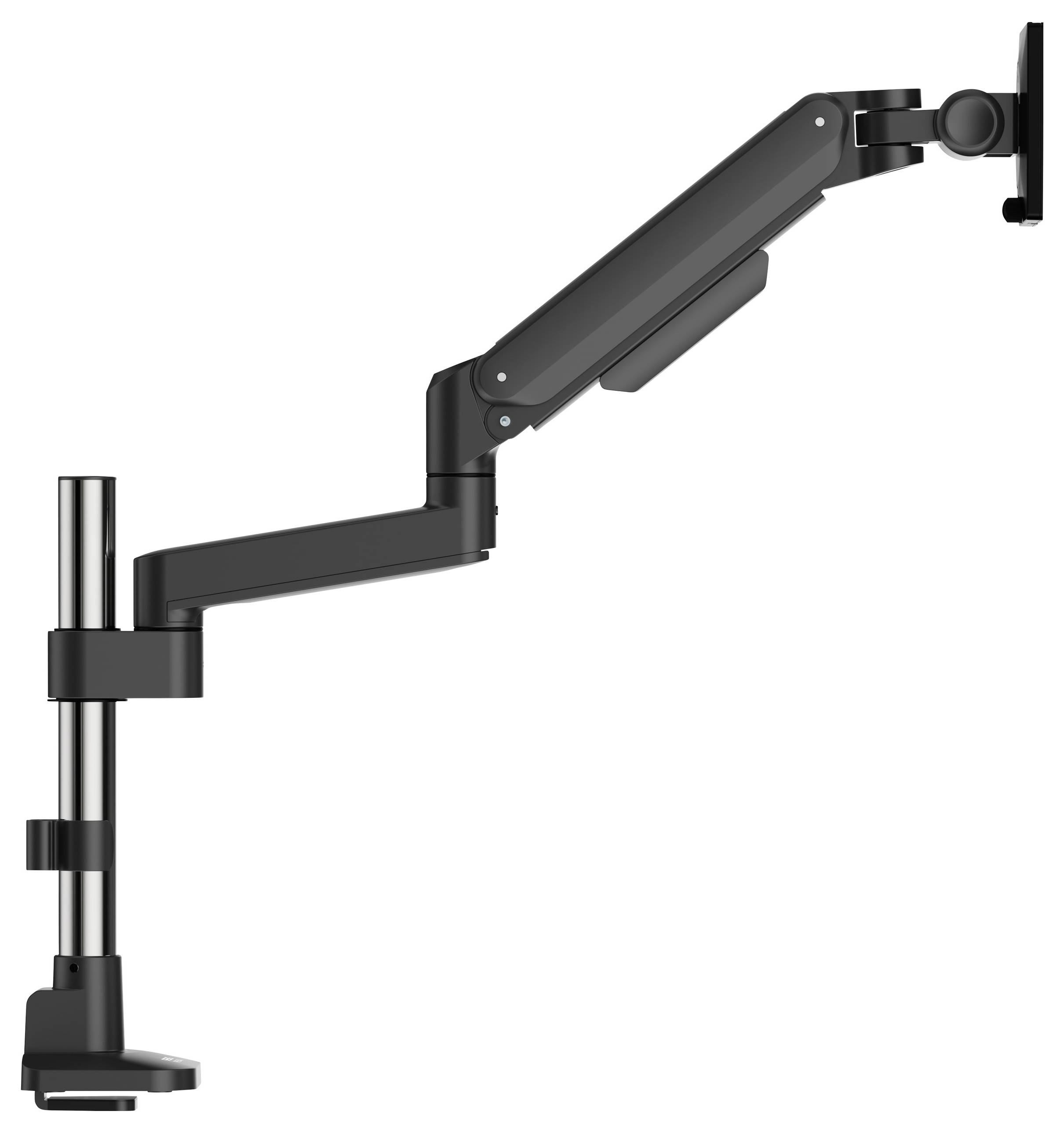 Ein verstellbarer schwarzer Monitorarm mit mehreren Gelenken, der an einer Oberfläche geklemmt wird und dazu dient, einen Computerbildschirm zu halten und zu positionieren.