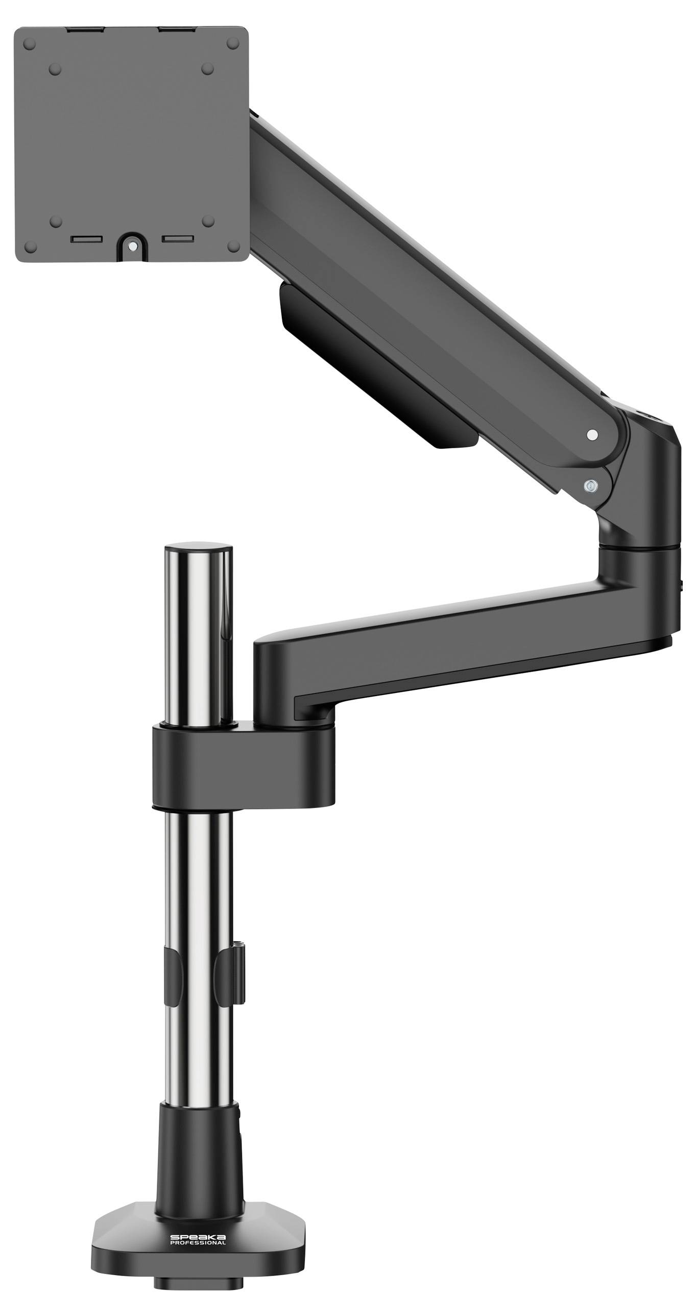 Eine schwarz-silberne, verstellbare Monitorhalterung für den Schreibtisch, ausgestattet mit mehreren Gelenken für maximale Positionierungsflexibilität.