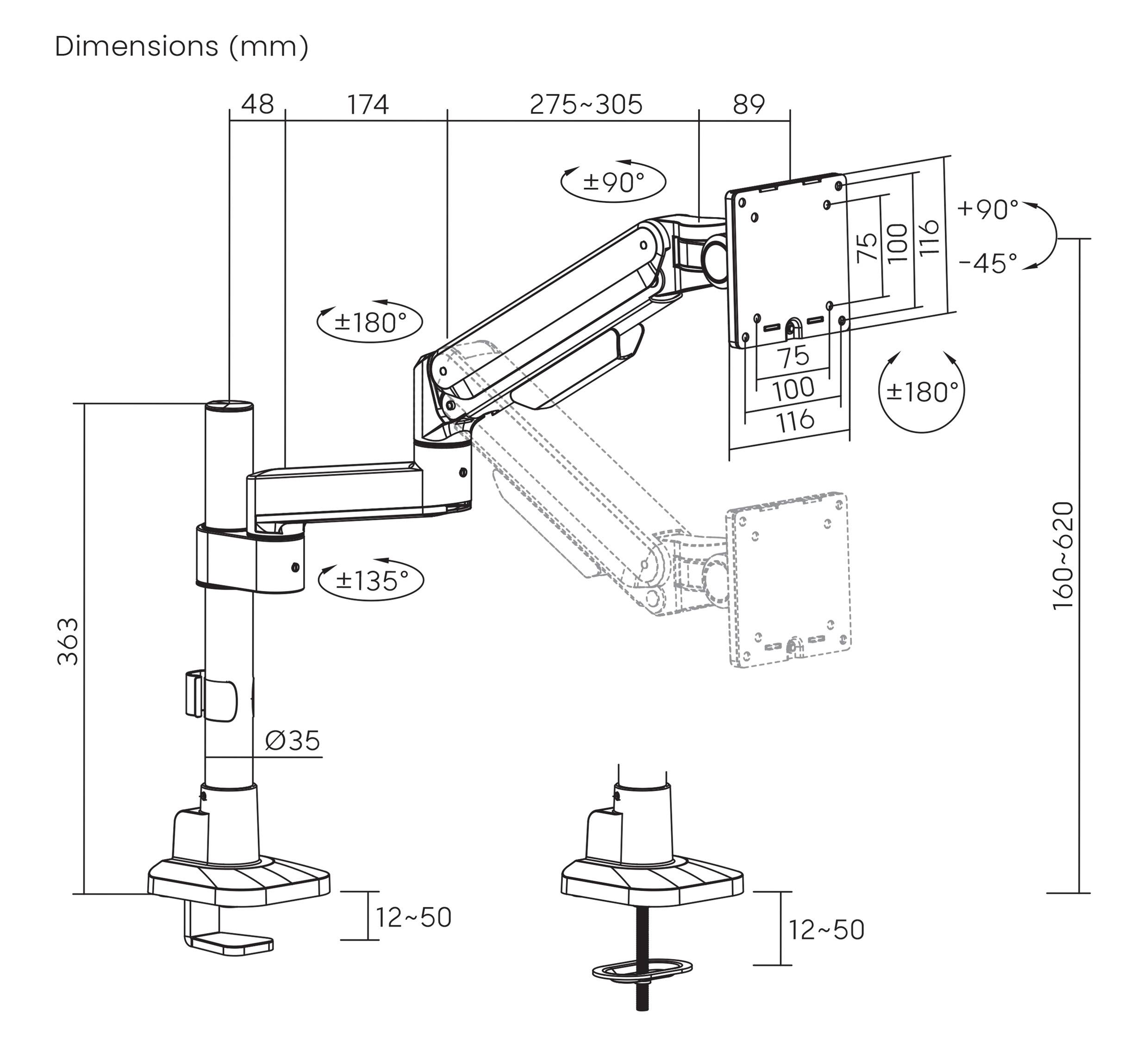 Monitorarm technische Zeichnung mit Maßangaben. Verstellbarer Arm rotiert ±180° horizontal, neigt ±90° vertikal. Höhe: 106-620 mm.