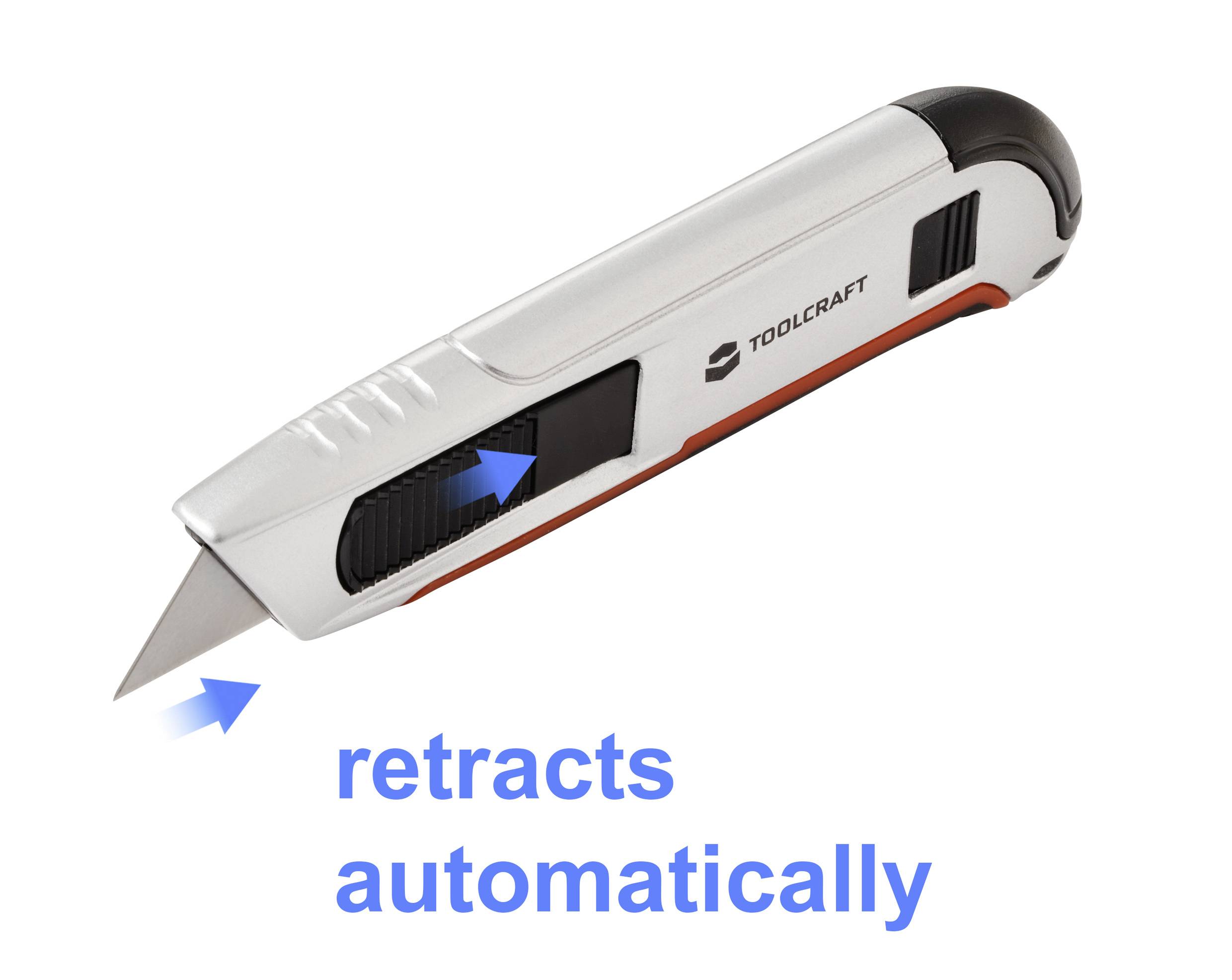 Sicherheits-Universalmesser mit einer scharfen Klinge, ausgestattet mit einem automatischen Einzugsmechanismus, gekennzeichnet durch blaue Pfeile und Text.