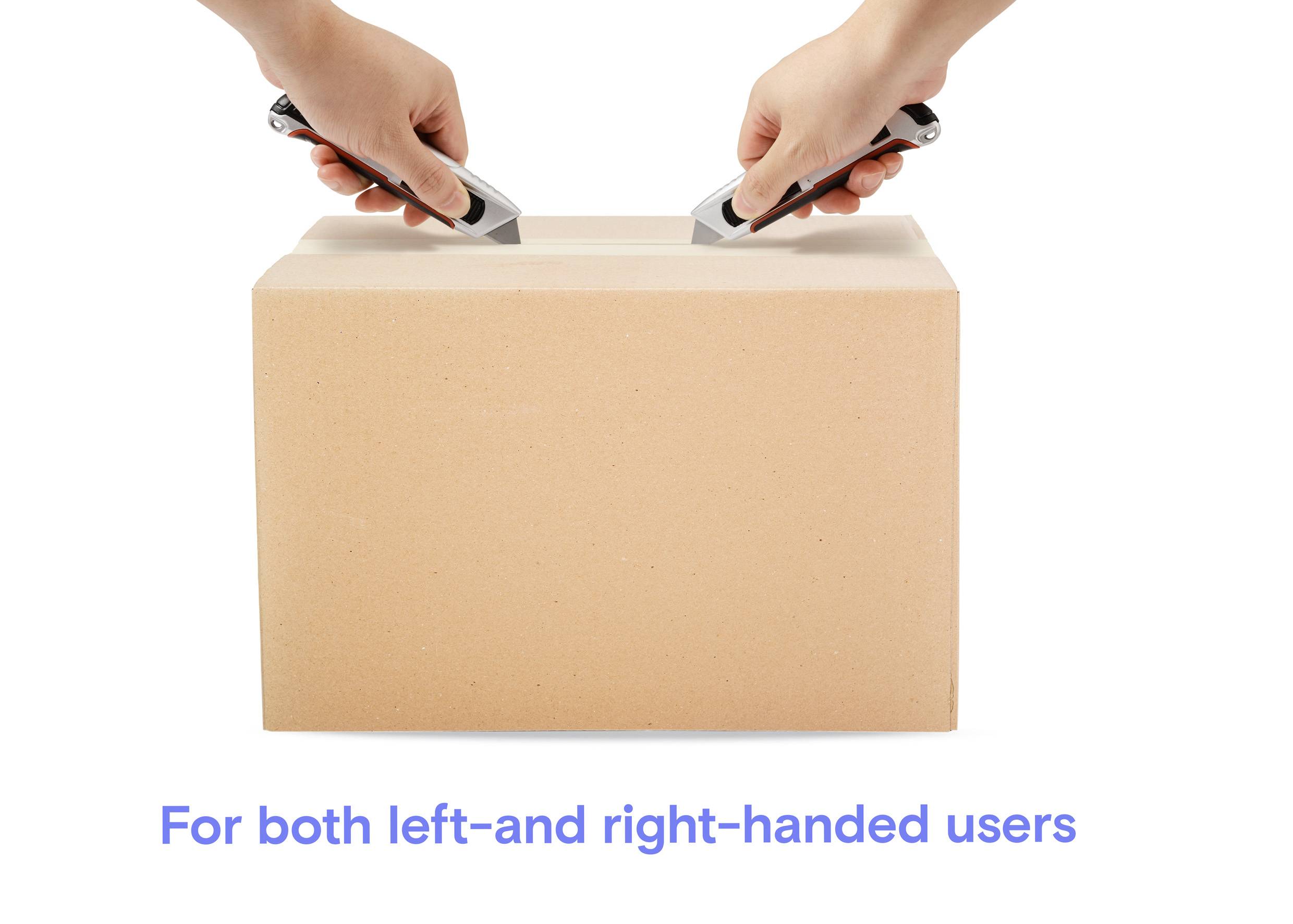 Hände, die Teppichmesser über einem Paket halten, mit dem Text 