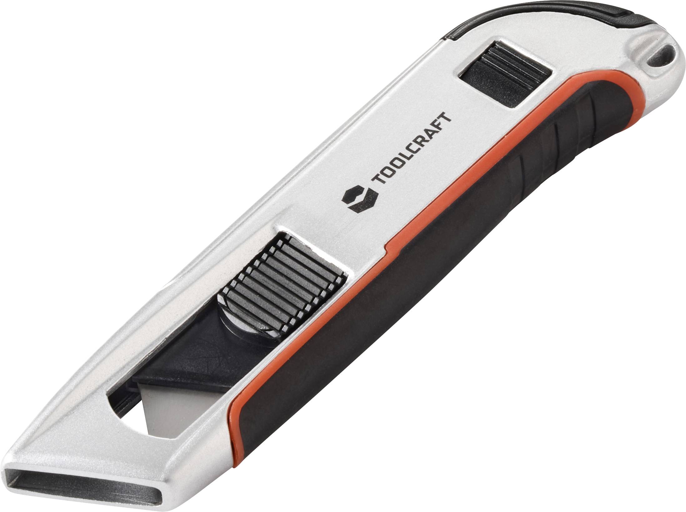Ein silber-schwarzes Universalmesser mit einziehbarer Klinge, ausgestattet mit einem ergonomischen Griff und mit der Markenbezeichnung 'TOOLCRAFT' am Griff.