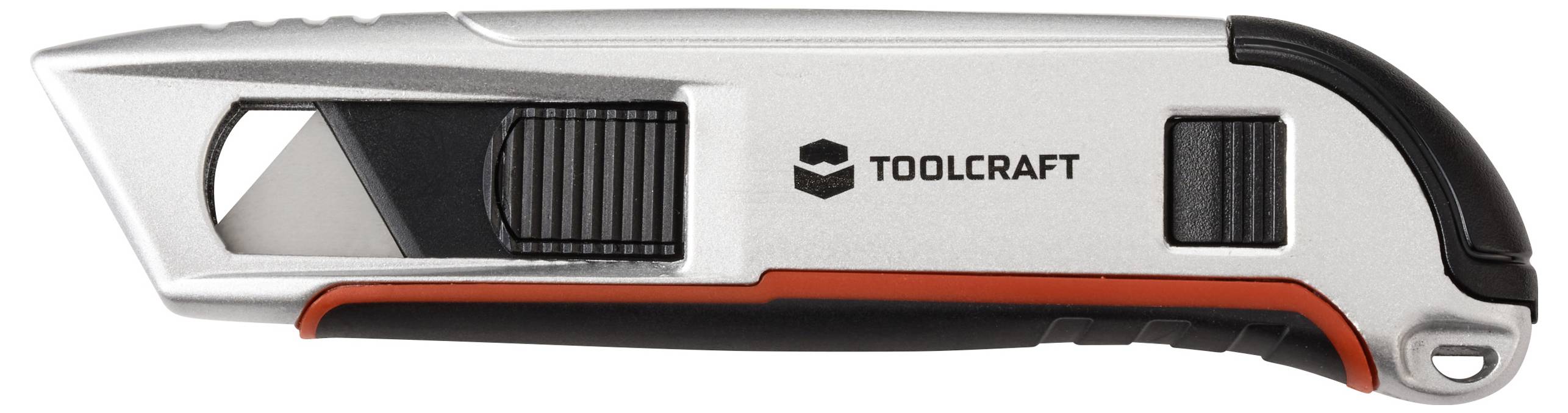Ein silbernes Utility-Messer mit einziehbarer Klinge, schwarzem Griff und 'Toolcraft' Logo.