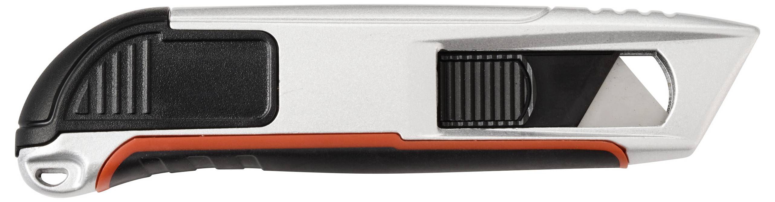 Ein einziehbares Universalmesser mit einem schwarz-silbernen Griff, wobei die Klinge prominent auf der rechten Seite freigelegt ist.